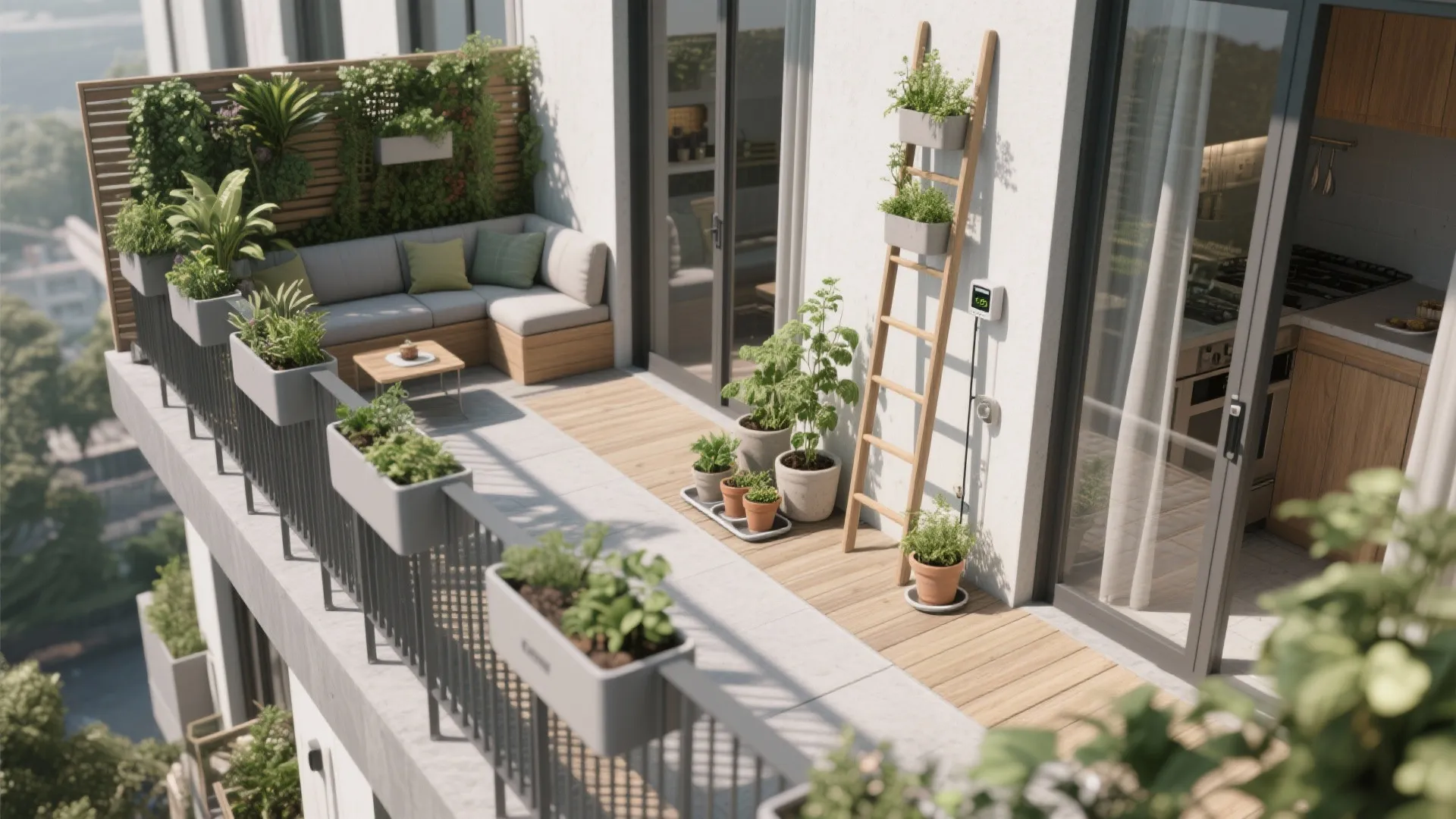 Top-down compact balcony layout showing vertical wall elements, L-shaped seating, and a clear walkway.