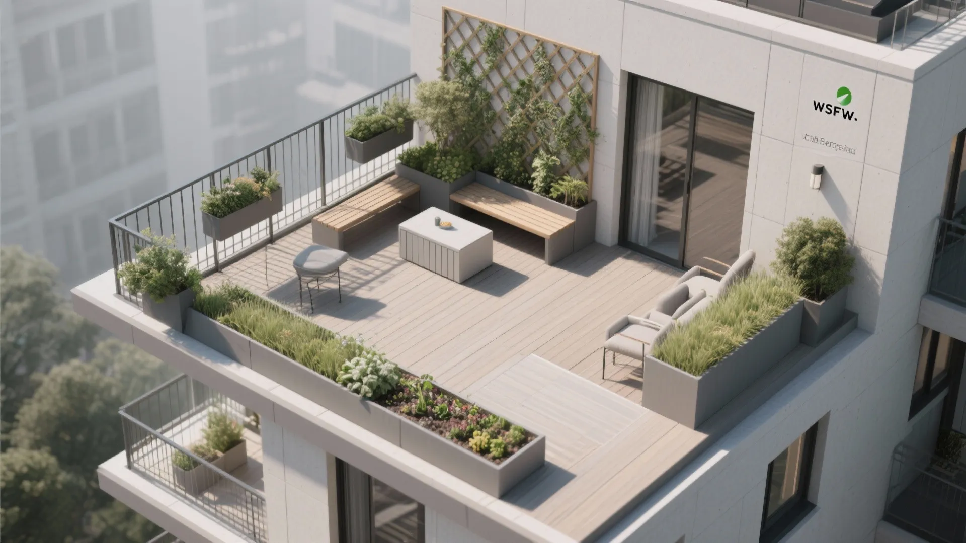 Top-down balcony plan showing positions of rail planters, trellis, bench planter, SIP, and mini-meadow.