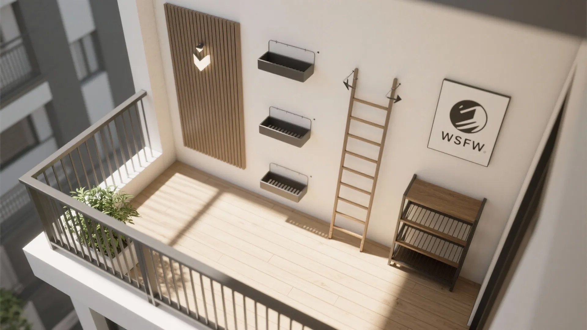 Top-down balcony plan showing vertical wall, ladder rack with drainage, and hybrid storage.