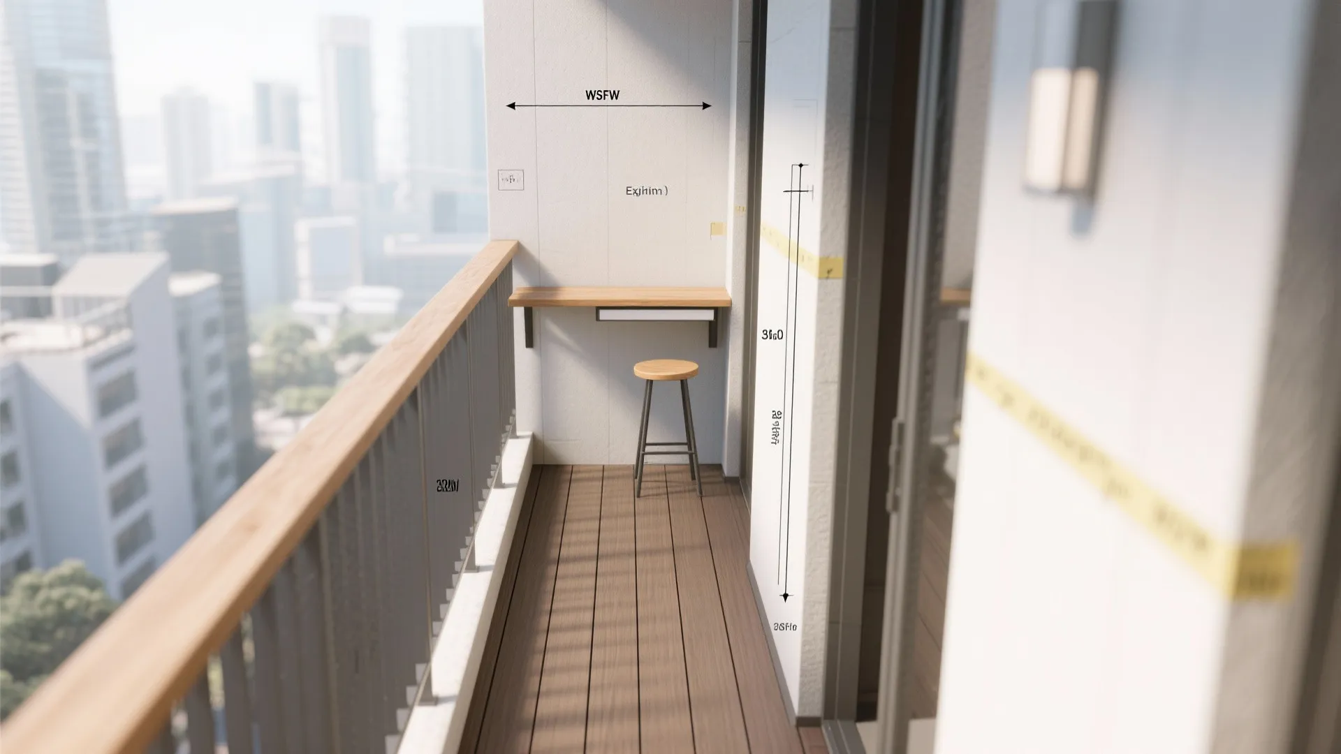 Interior design drawing of small balcony with wooden desk stool measurements and a city view