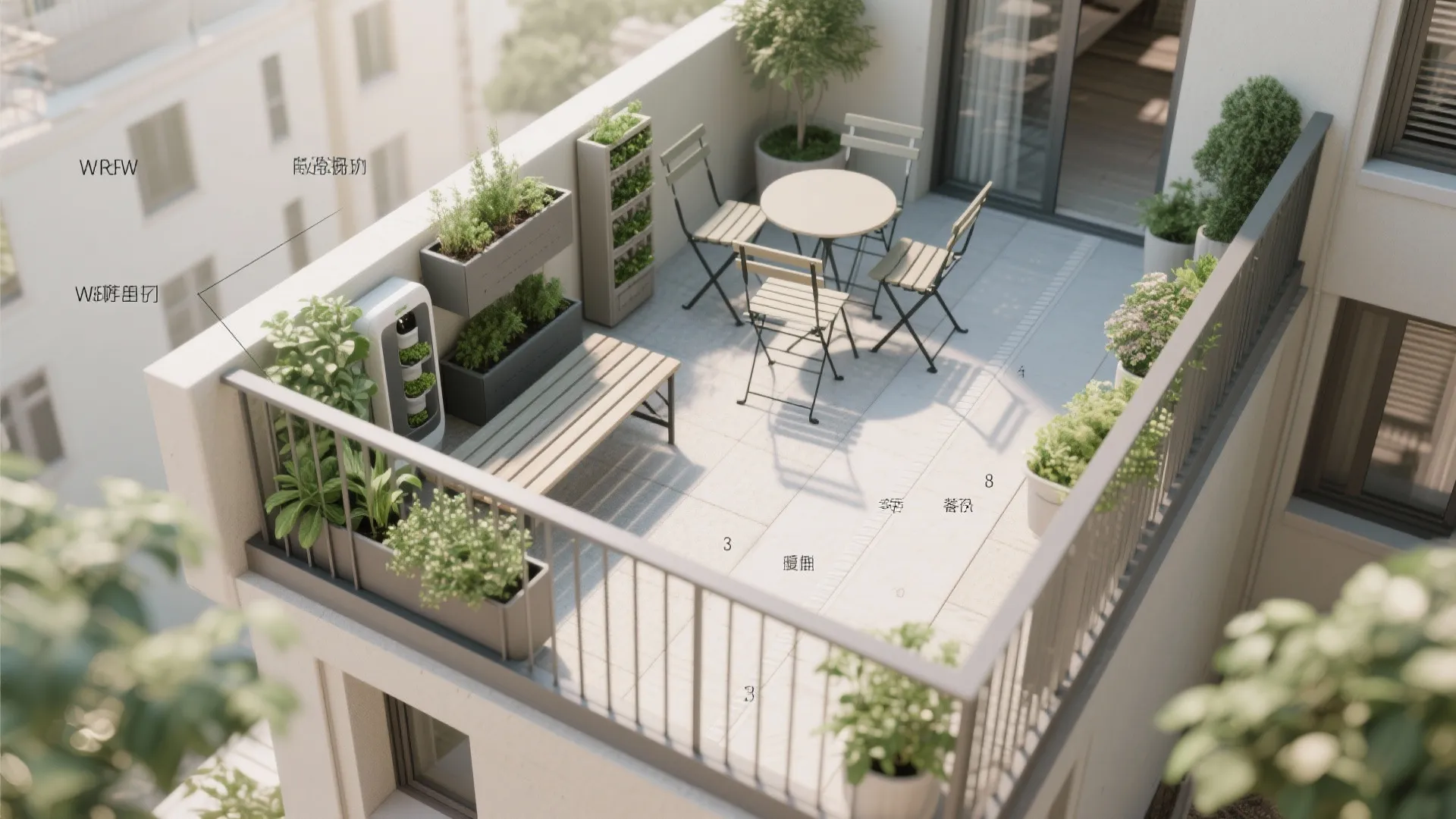 Top-down balcony layout showing planters, bench, and seating with clear circulation.