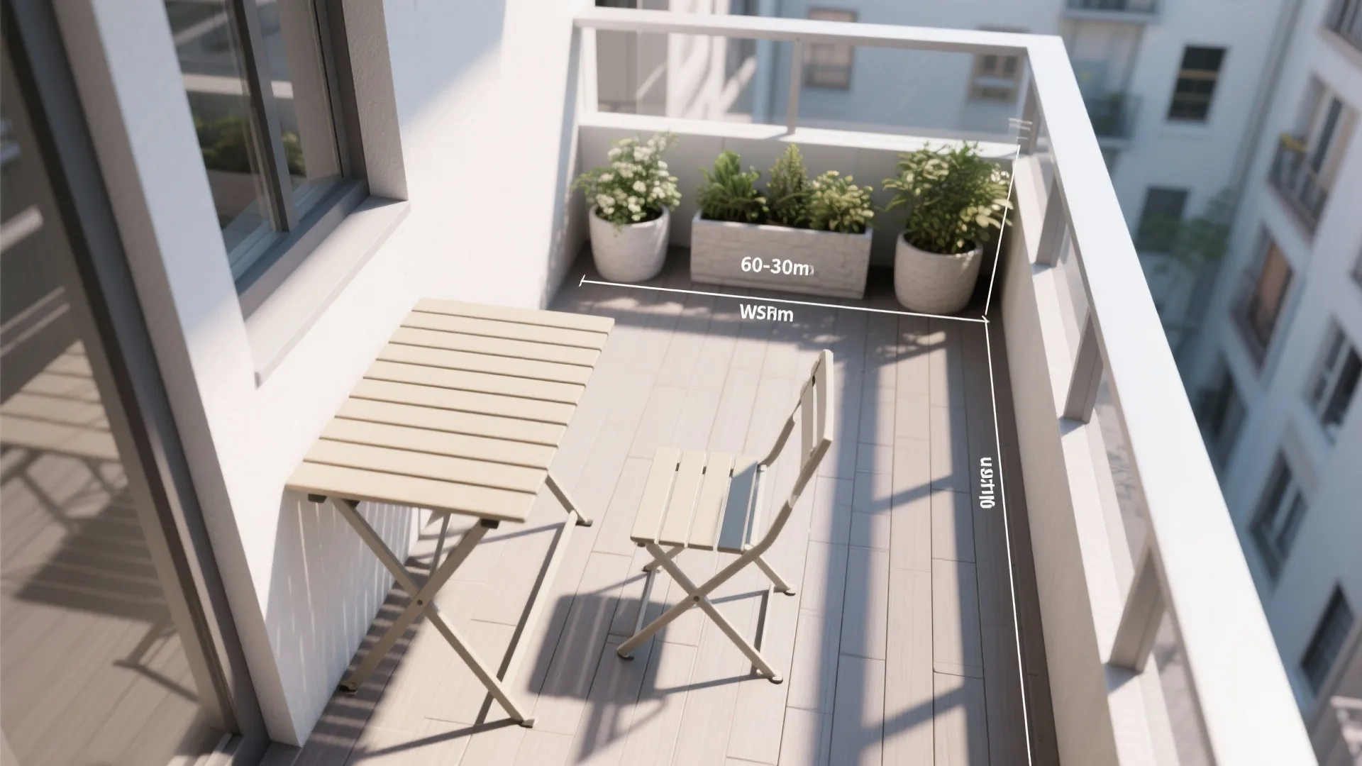 Small balcony interior design drawing showing wooden table and chair with potted plants and scale