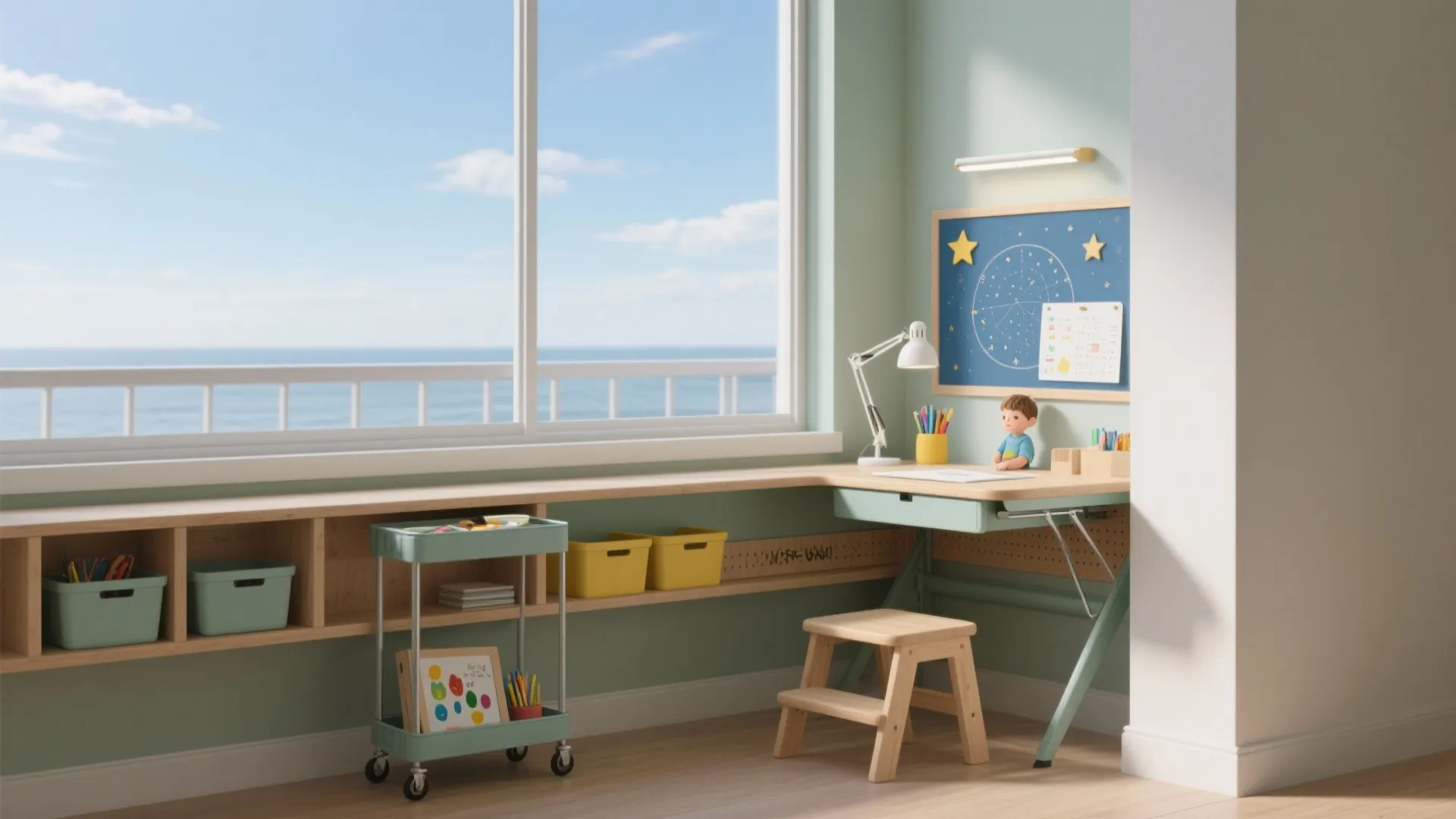 Learning lab by the balcony: art cart, mini desk, and sky views