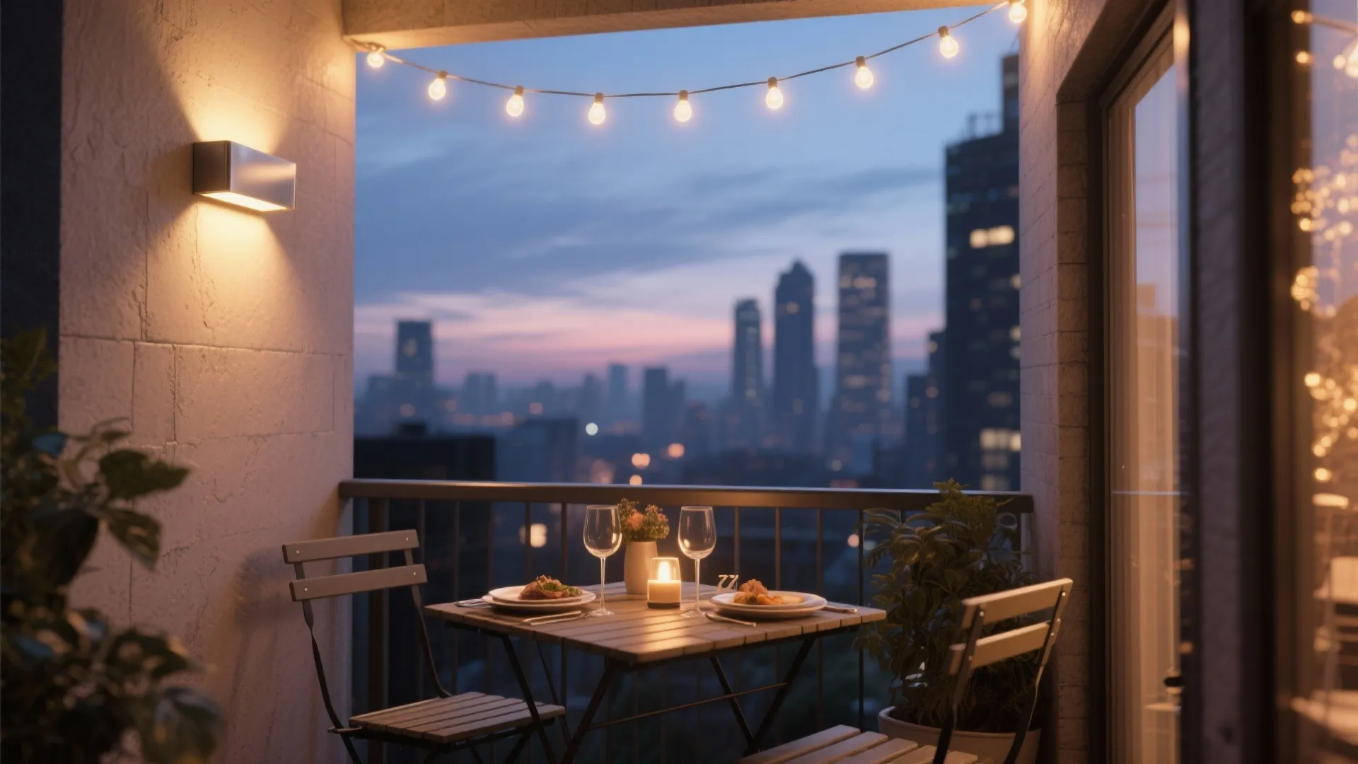 Small balcony transformed with a weatherproof LED uplight and string lights into a cozy dinner spot.