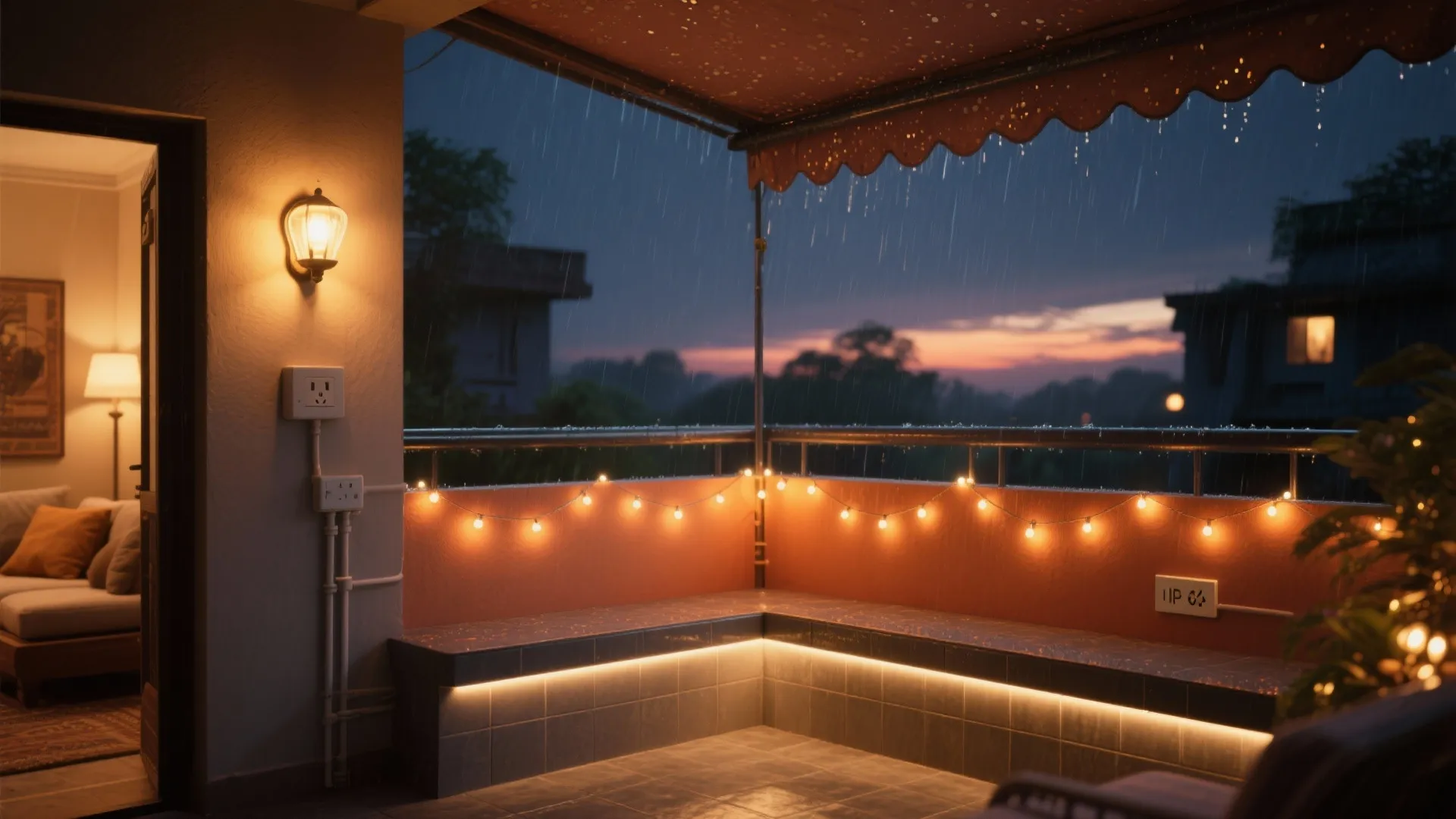 Night balcony scene with glowing string lights wall light tiled bench and rainy evening sky