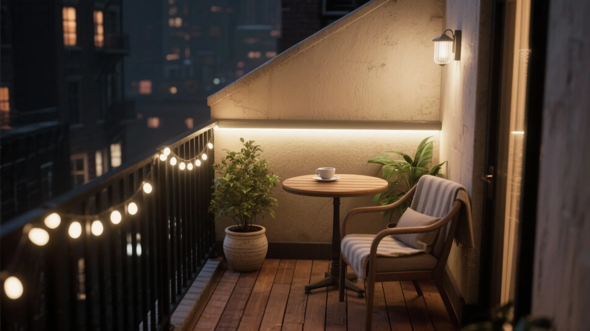 Cozy balcony at night featuring wooden furniture, green potted plants, and warm decorative glowing lights