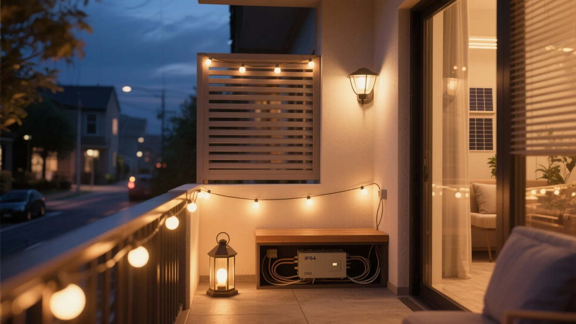Evening balcony with warm string lights, shielded sconce, lantern, and semi-open slat screens.