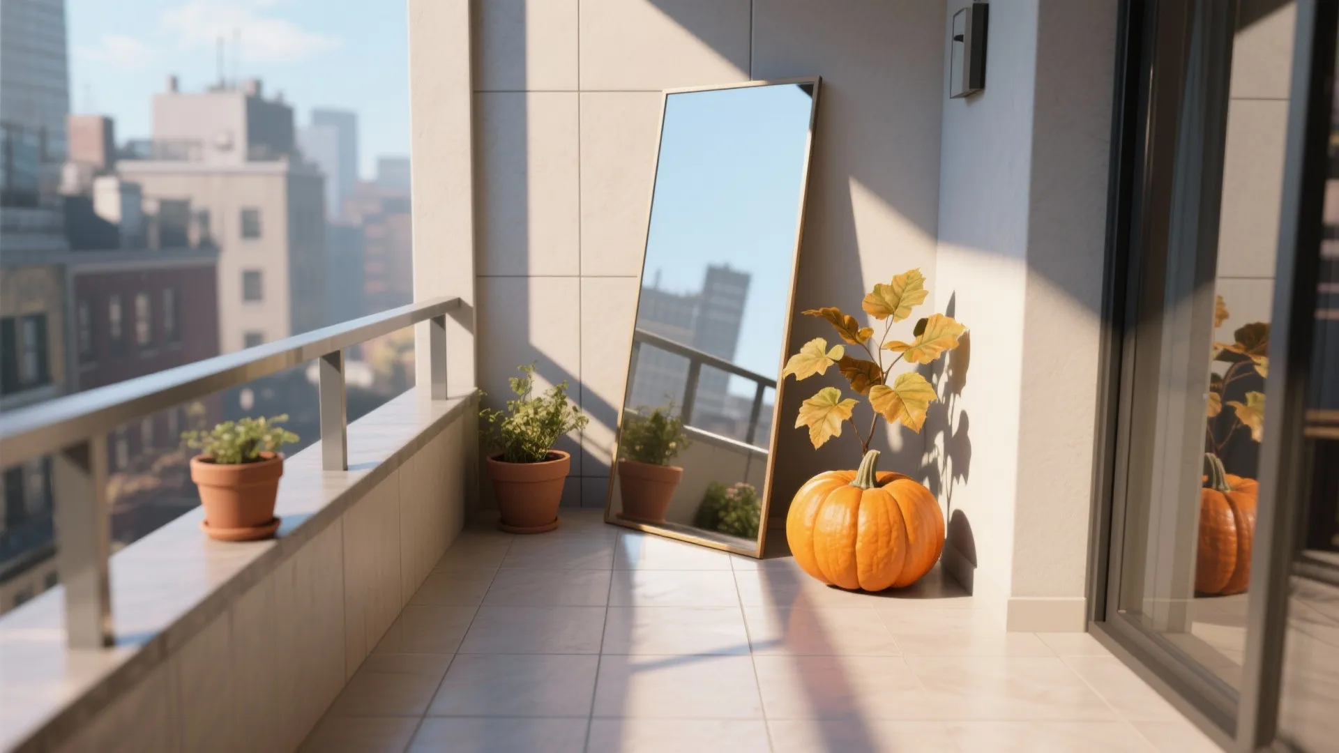 Sunny apartment balcony with floor mirror large orange pumpkin small green potted plants and city views