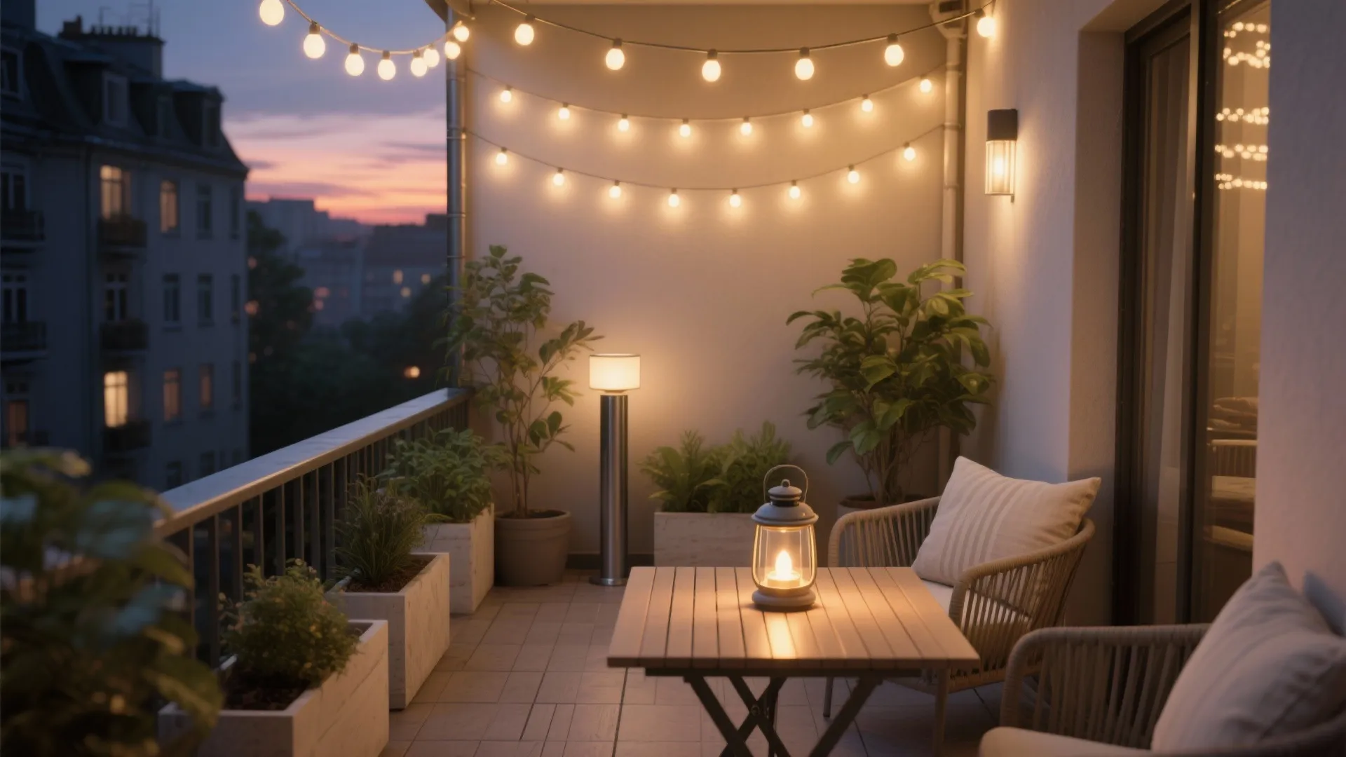 Evening balcony with warm string lights wooden table candle lantern green potted plants and seating