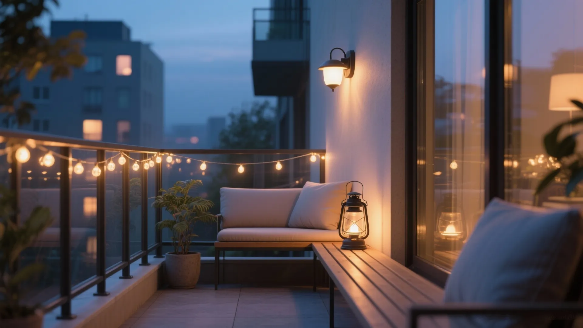 Cosy balcony at night with string lights wall light lantern small sofa and wooden bench