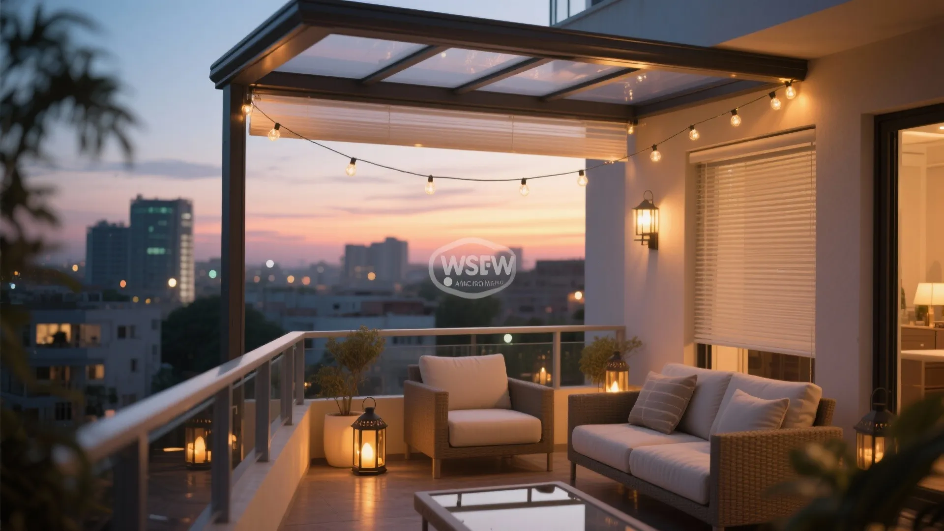 Lighting and breeze control: micro canopy, solar lanterns, and sheer screens