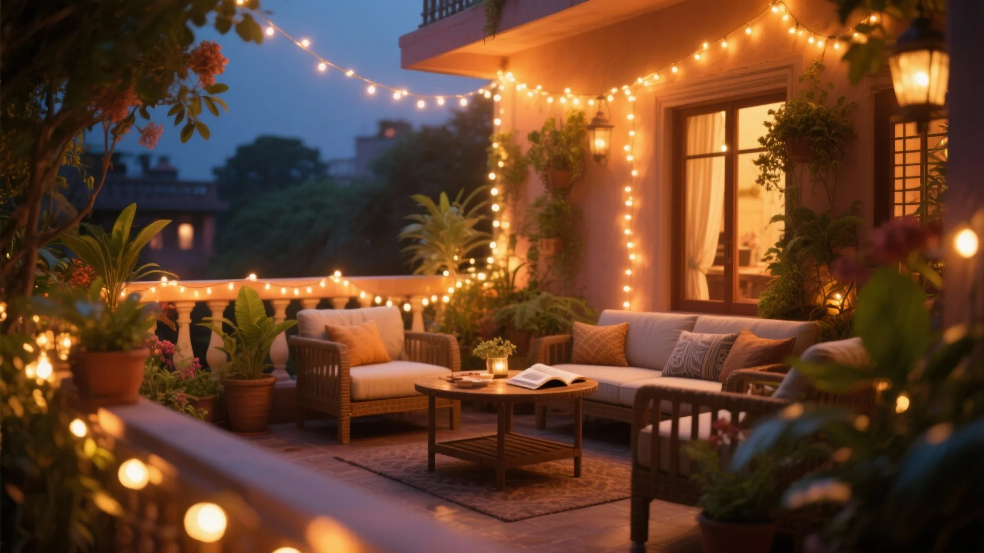 Evening balcony scene with warm string lights outdoor sofa coffee table potted plants and cozy atmosphere