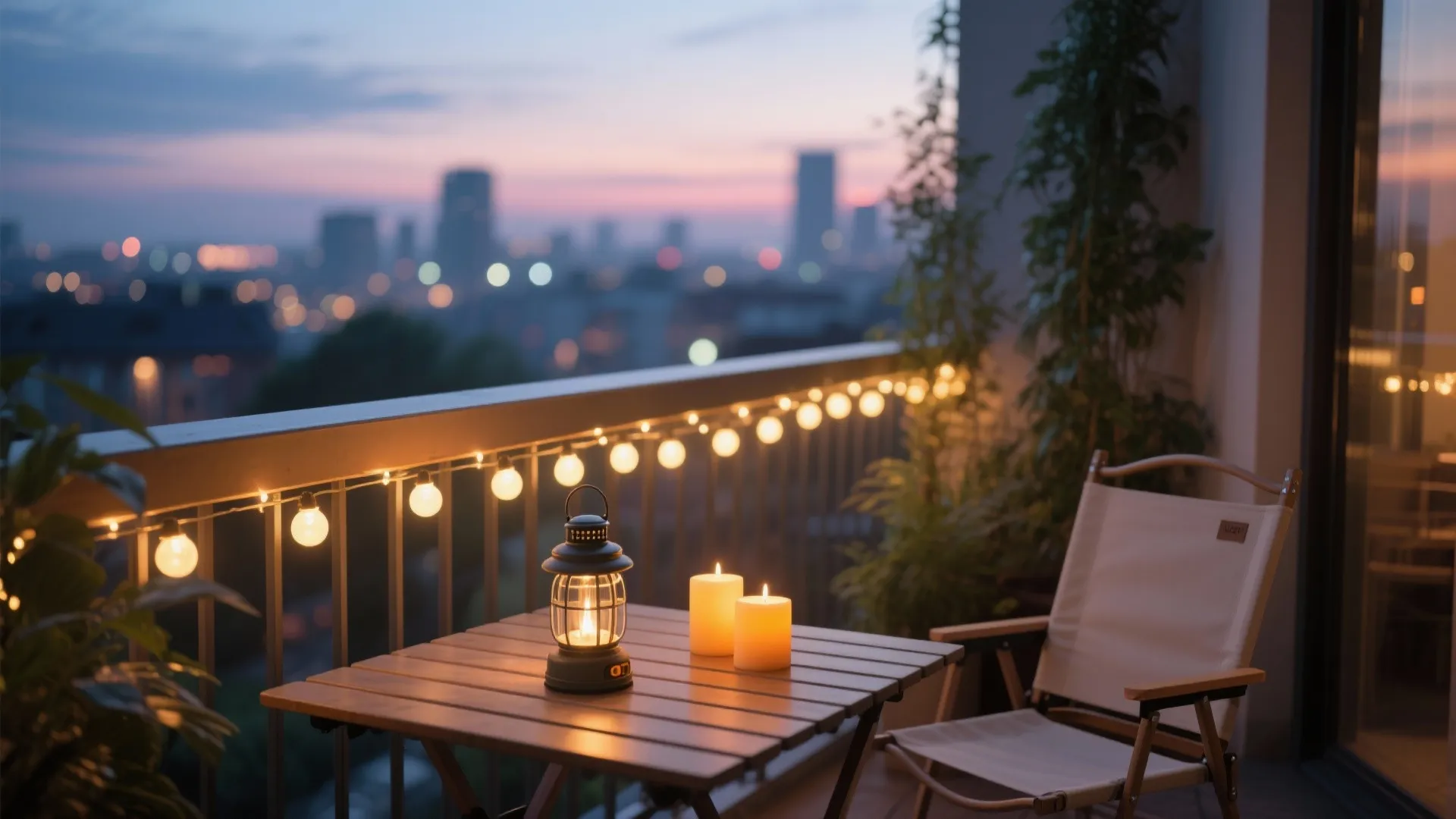 Evening balcony with warm string lights, a rechargeable lantern, and LED candles for layered lighting.