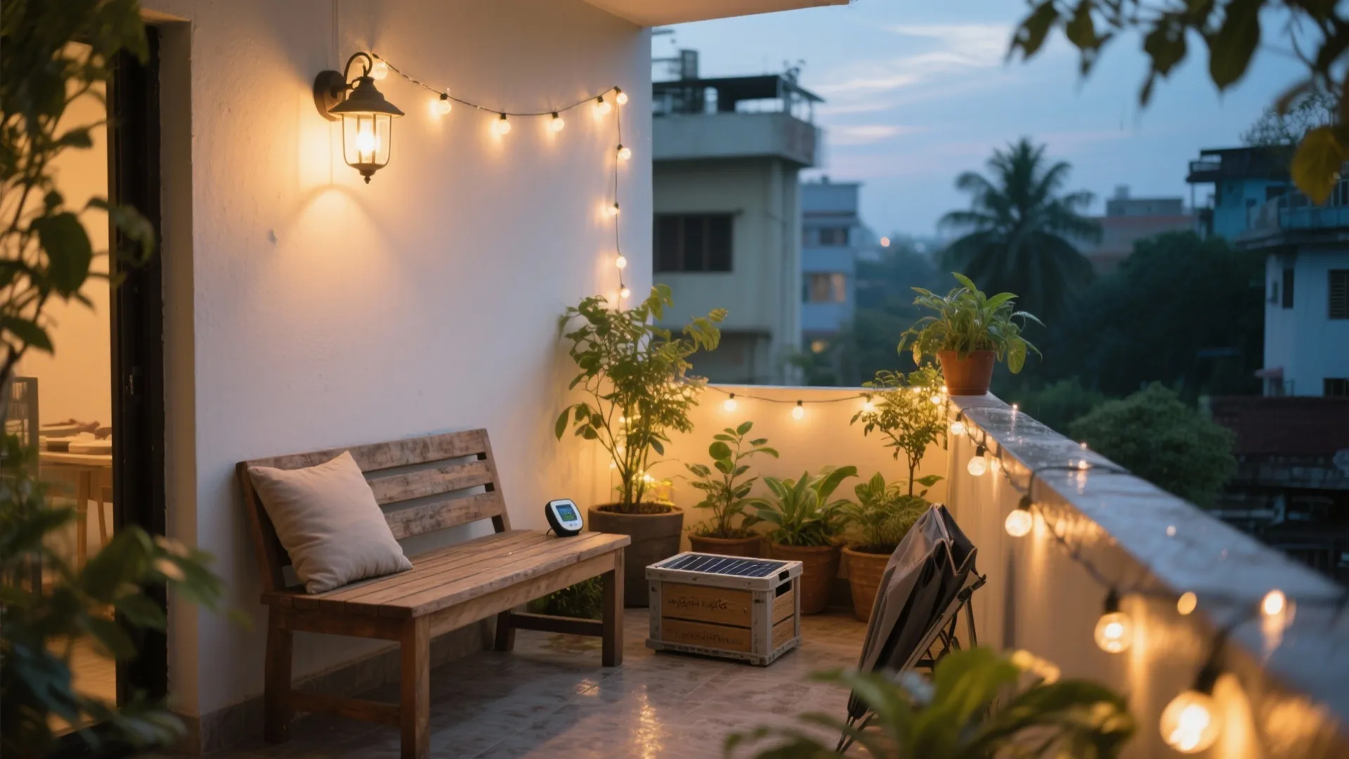 Warm-lit Chennai balcony with solar strings, wall sconce, teak bench, and lush planters.
