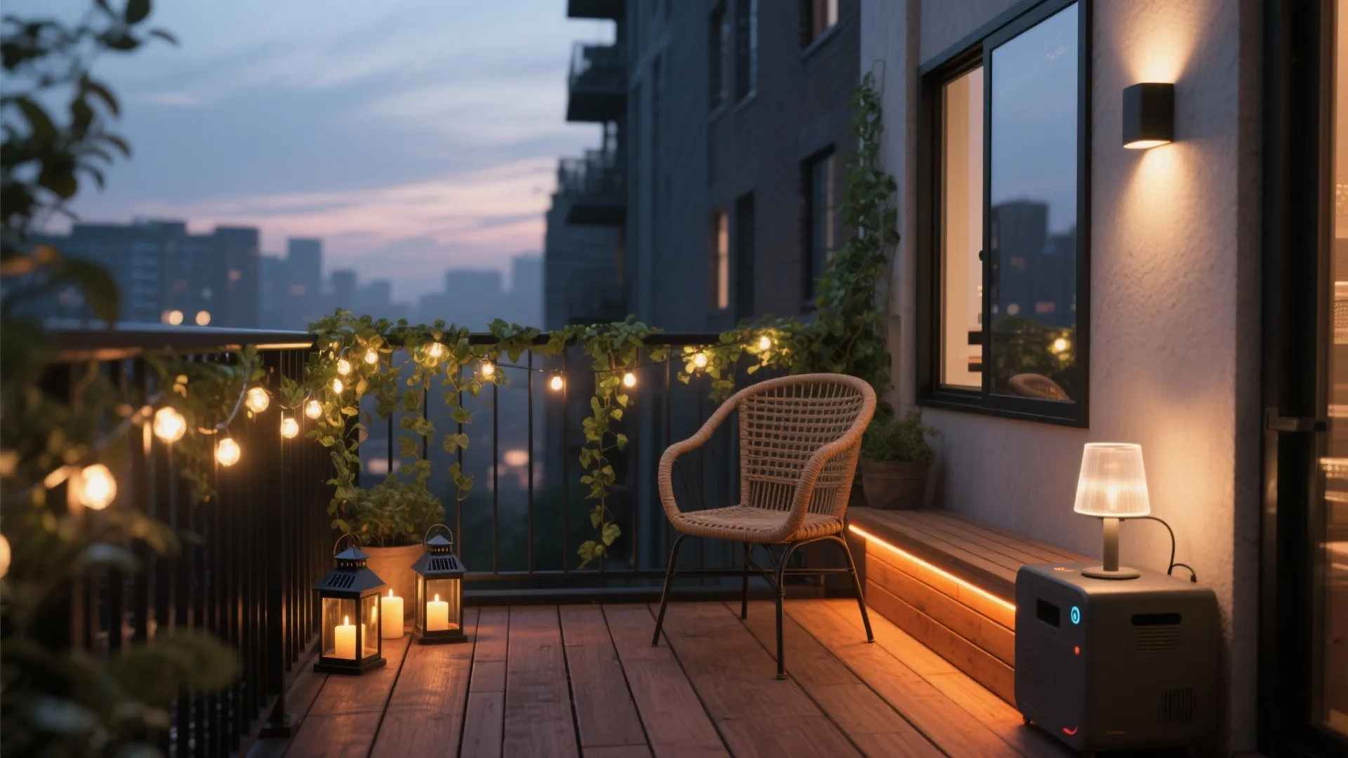 Evening balcony with rattan chair wooden floor lanterns light strip and bright yellow string lights