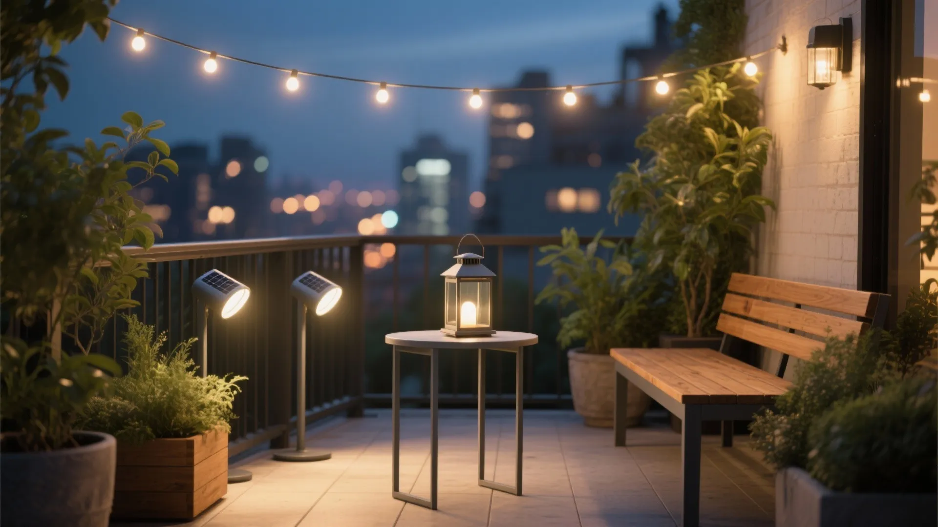 Cozy balcony at night with string lights wooden bench small table lantern and potted green plants