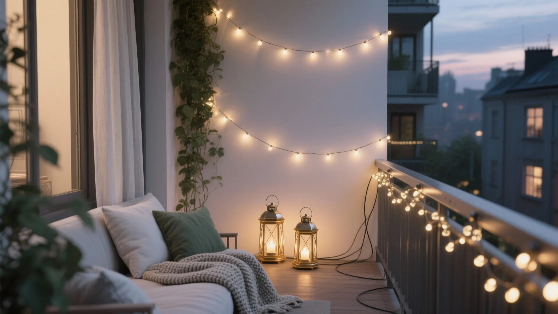 Cozy balcony at night with string lights white sofa green pillows and two floor lanterns
