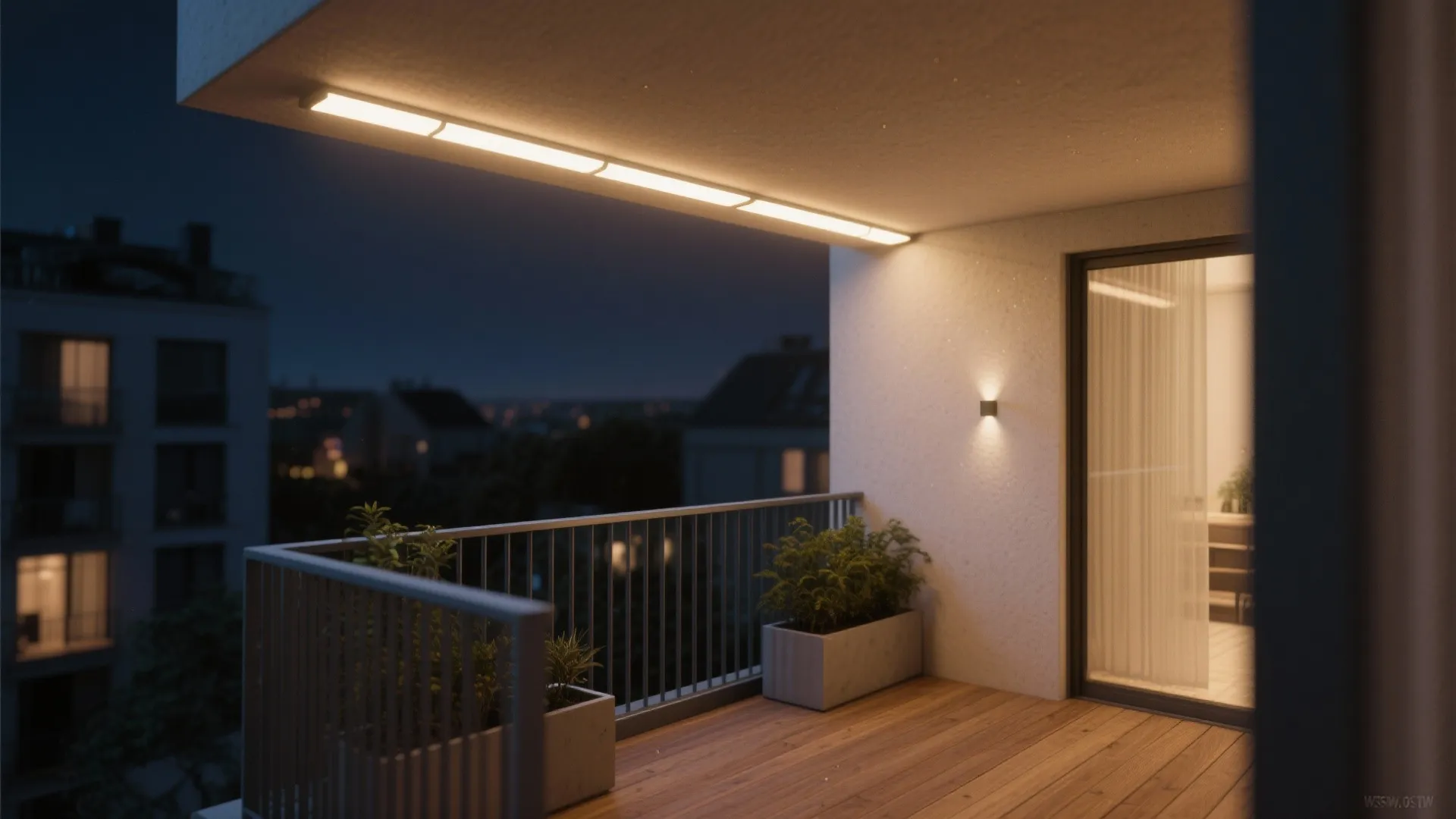 Modern night balcony with wooden flooring long ceiling light green plants and glass sliding door
