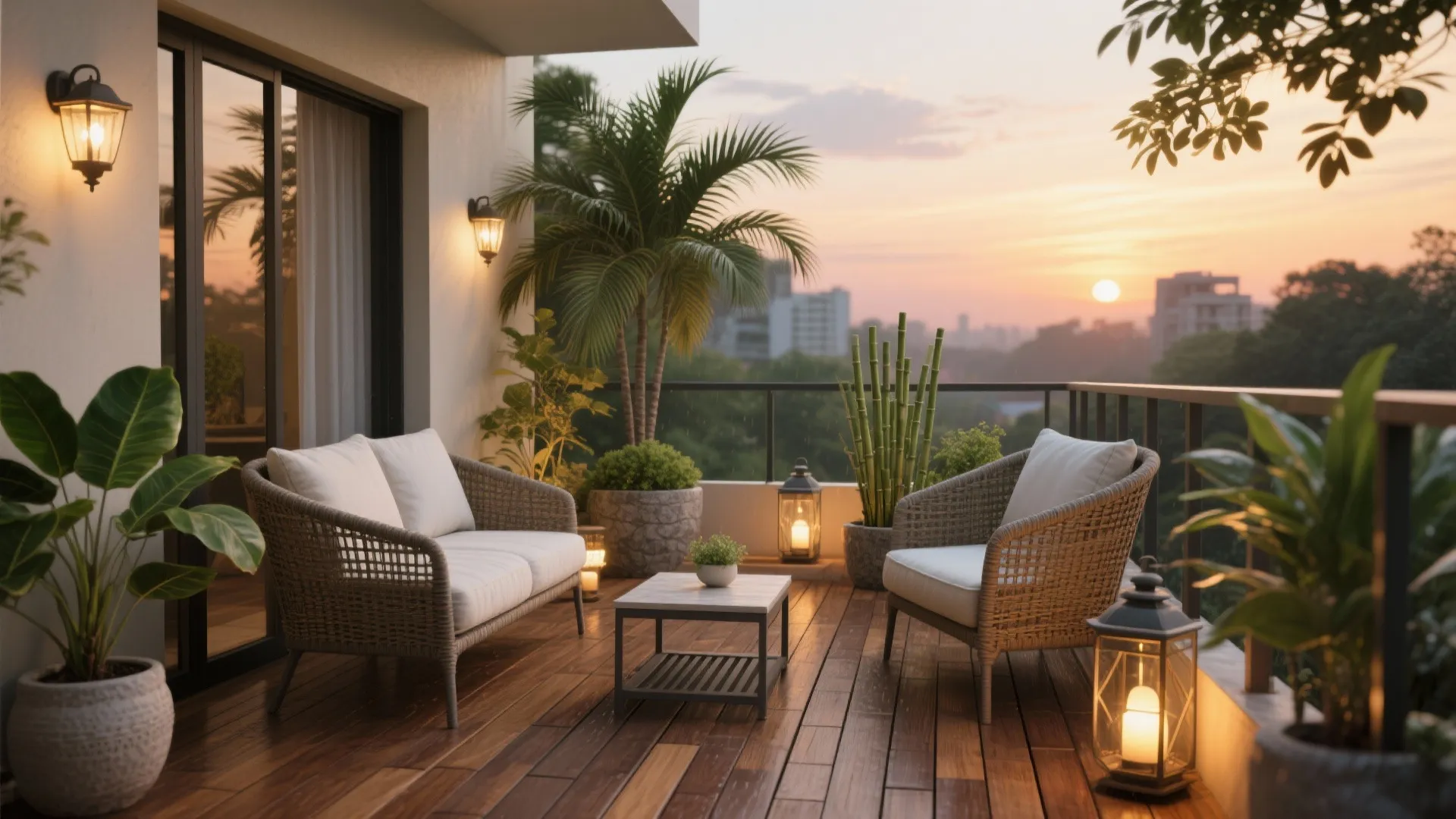 Cozy balcony at sunset with wicker sofas small table green plants and warm outdoor lights