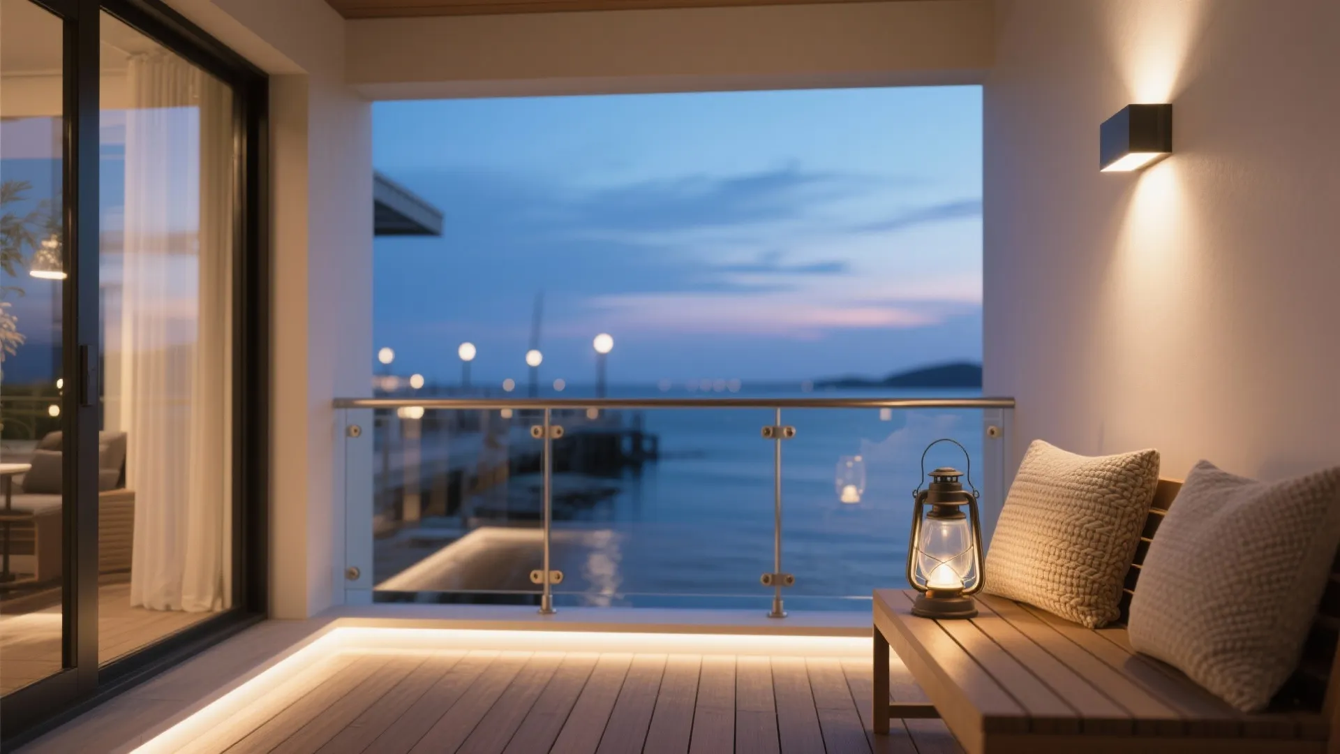 Modern balcony with wooden floor bench and lantern overlooking the ocean at twilight with lights