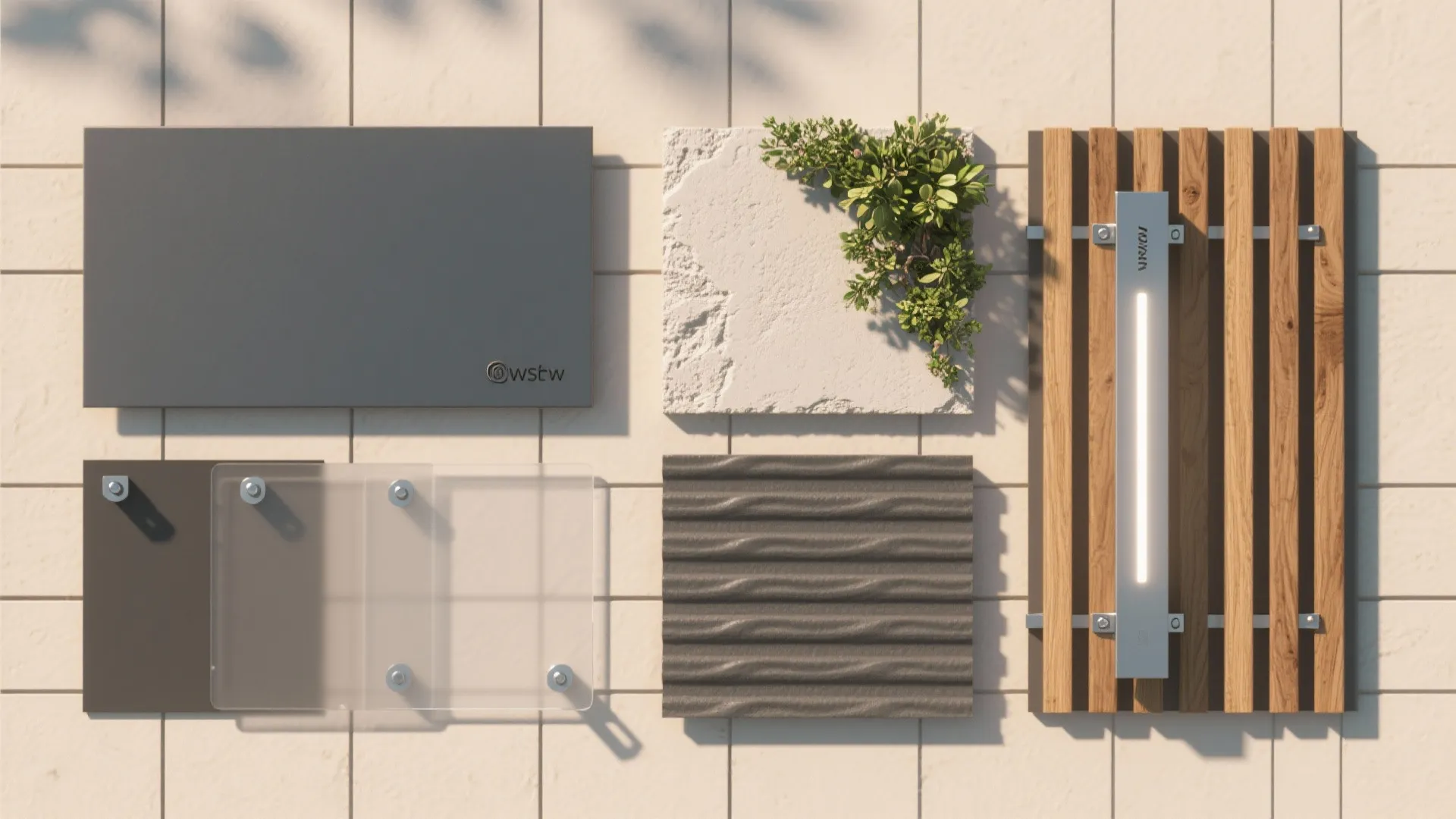 Interior design material board with grey tiles stone wood panels glass and a modern light fixture