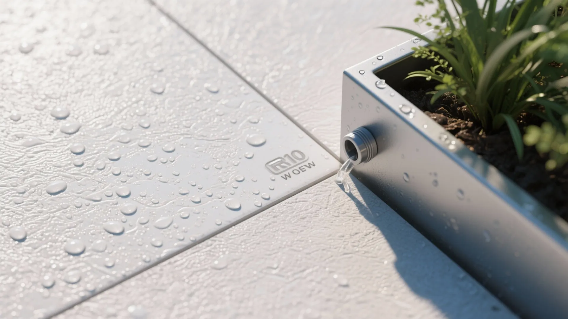 Close up of white floor tiles with water droplets next to a grey metal plant box