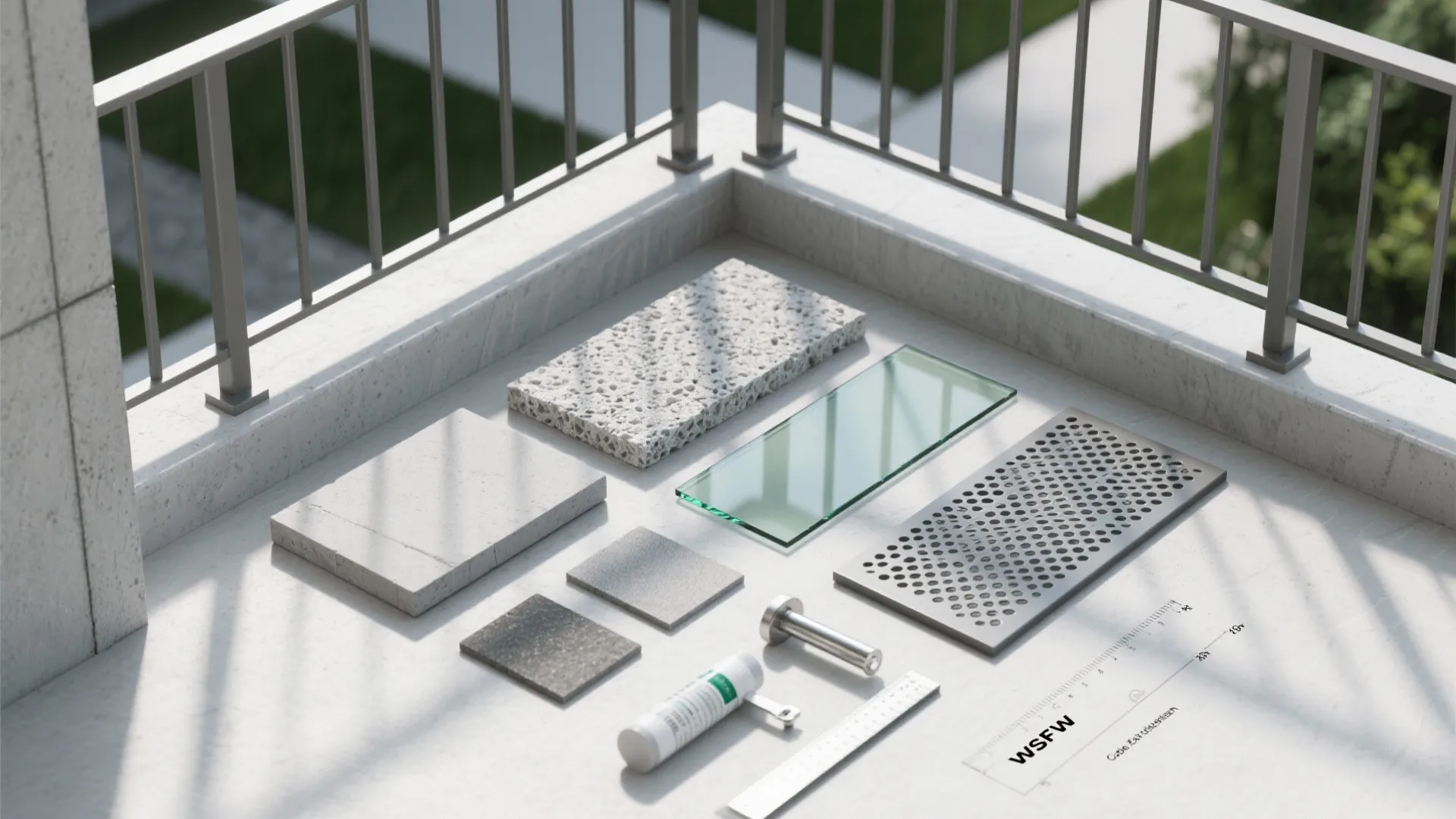 Building materials including stone tiles glass metal grate and tools displayed on a concrete balcony floor