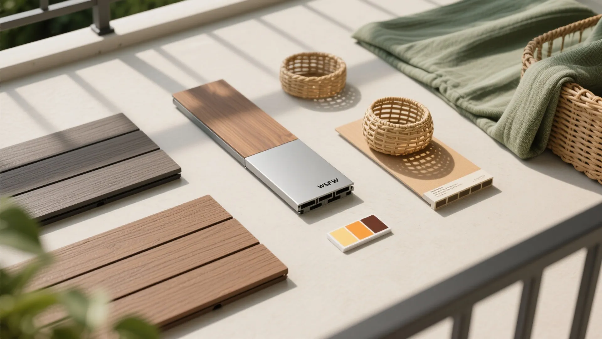 Collection of wood flooring samples and small woven baskets on a balcony table with fabric