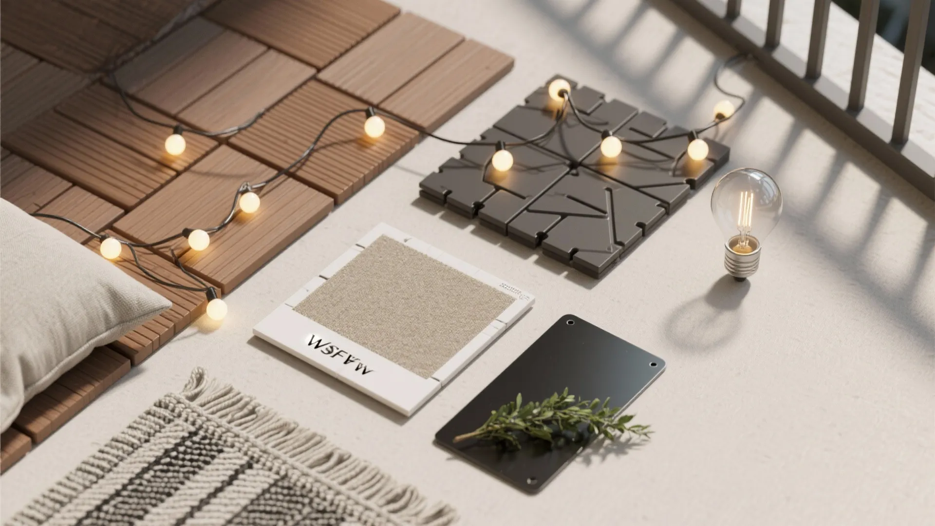 Flatlay of balcony materials including wood tiles black floor panels string lights and green plants