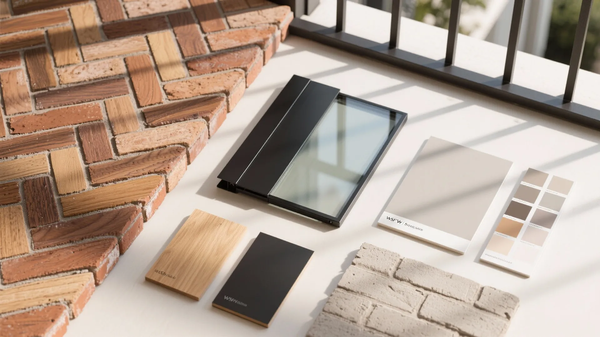 Material flat lay with patterned brick, timber, matte steel, laminated glass, and paint swatches