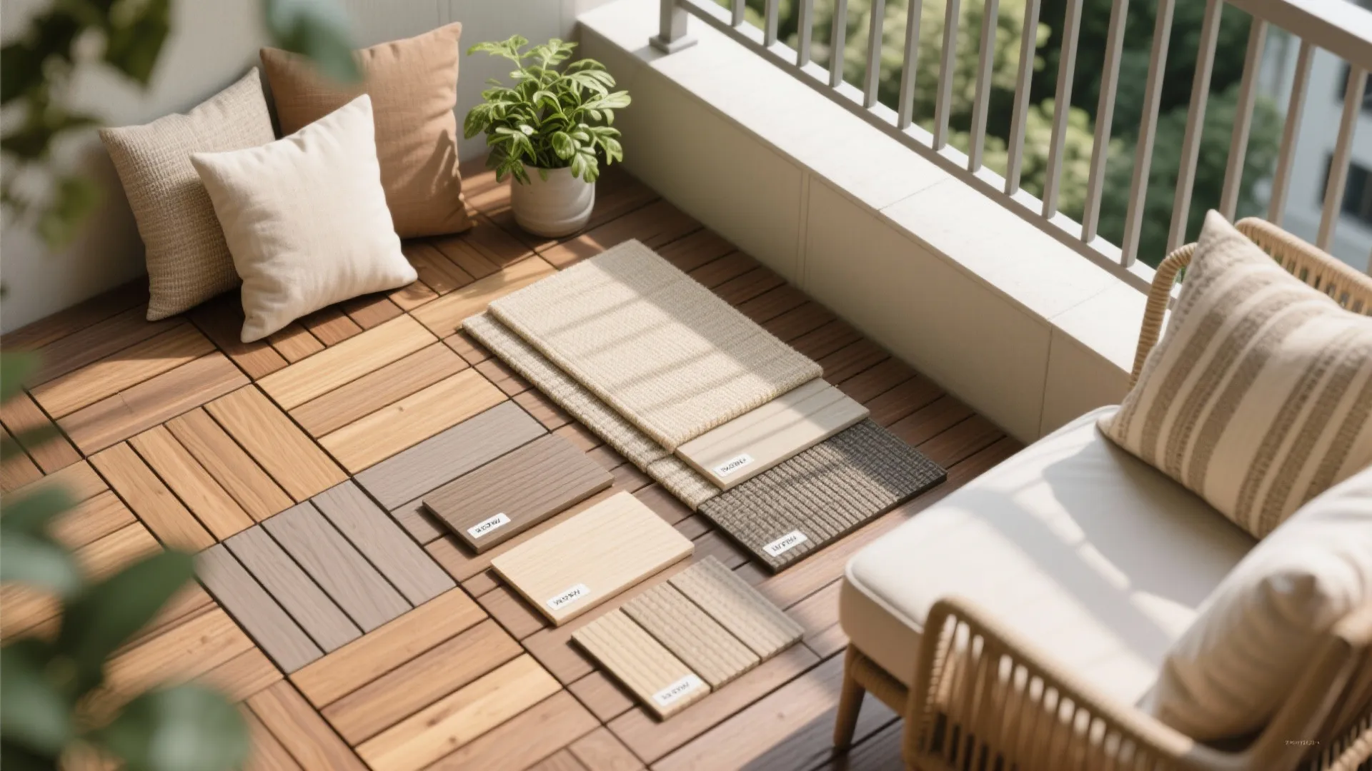 4) Warm wood tones and all-weather textiles