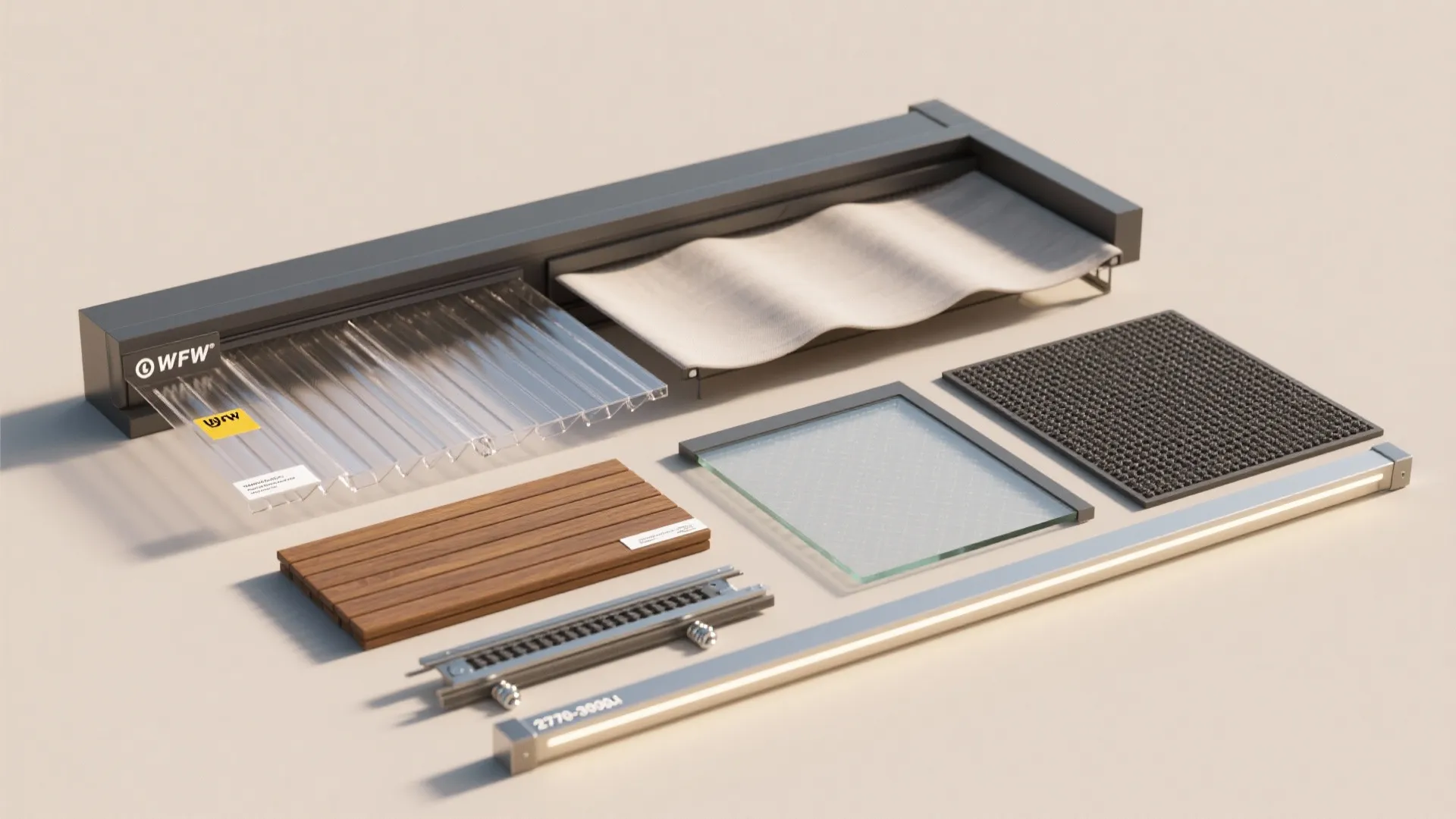 Flatlay of balcony materials including polycarbonate panel, fabric swatches, thermal decking, glass, flashing, and LED channel.