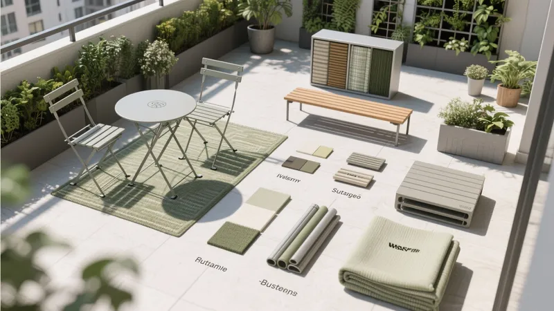 Serene Balcony Oasis with Green Tones & Modern Furniture
