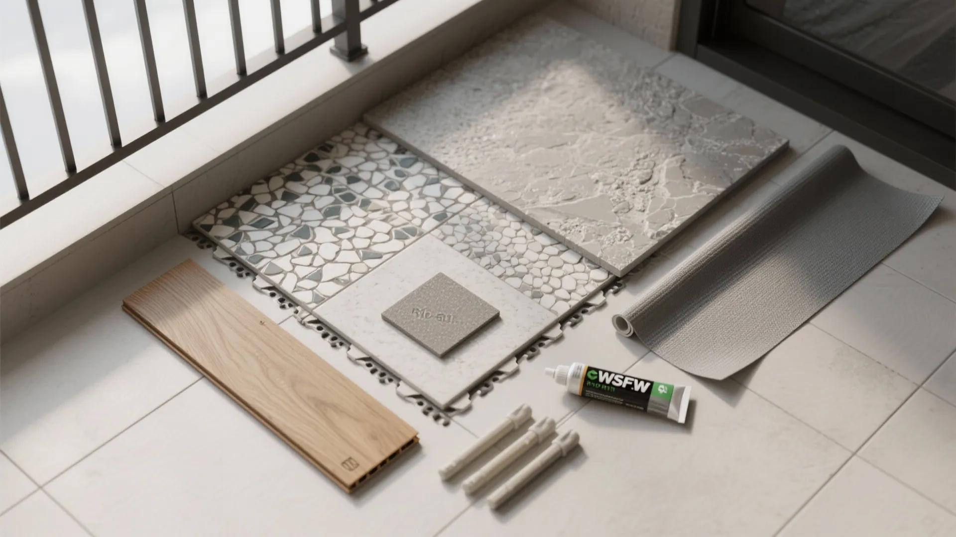 Top-down flat lay of balcony tile samples and installation materials in neutral tones.