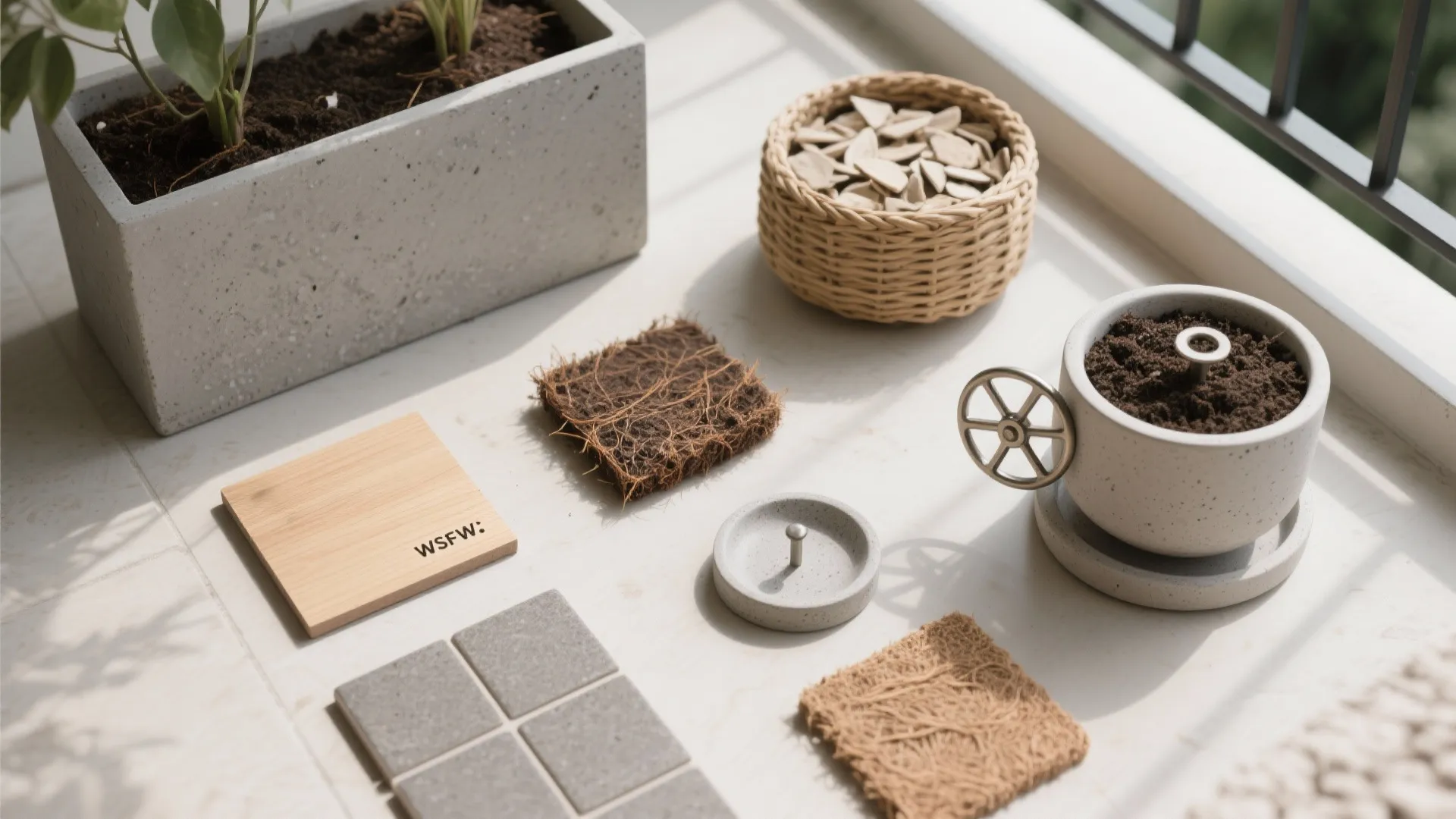 Flat lay of wood tile, fiberstone, rattan, coco coir, biochar, and caddy wheels for balcony design.
