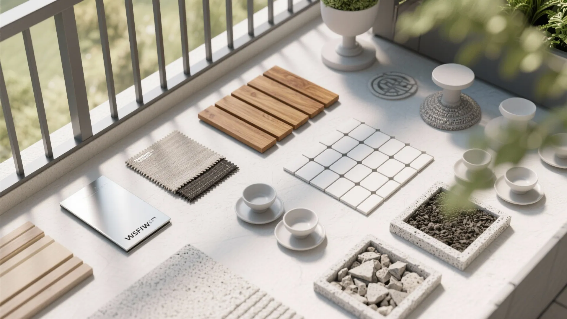 Various home design samples including wood tiles and fabric placed on a bright balcony floor