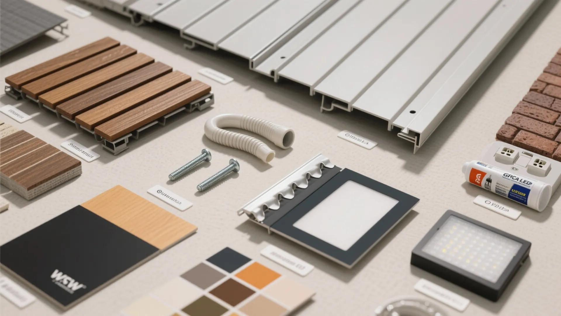 Collection of balcony building materials including wood flooring tiles metal panels screws and light fixtures