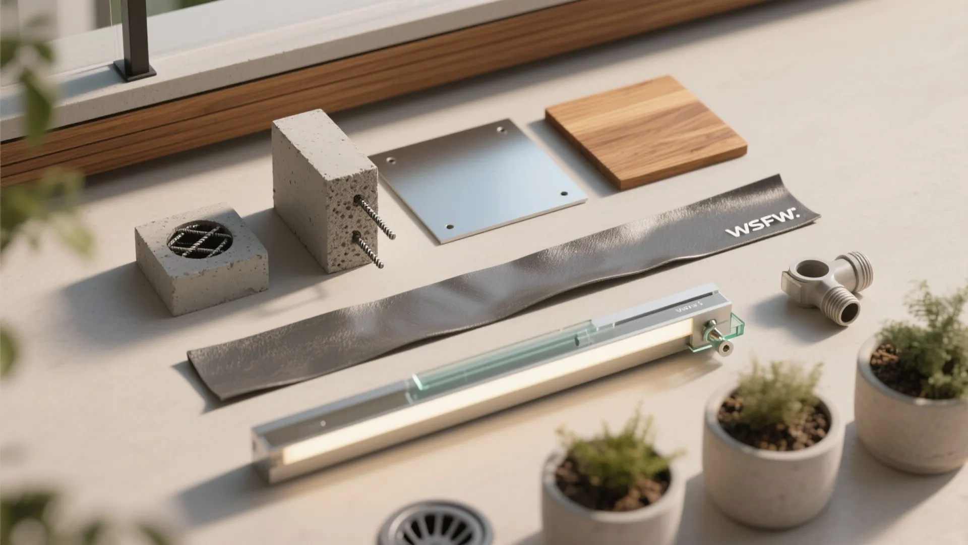 Various building materials including concrete blocks wood tiles metal plates and small potted green plants