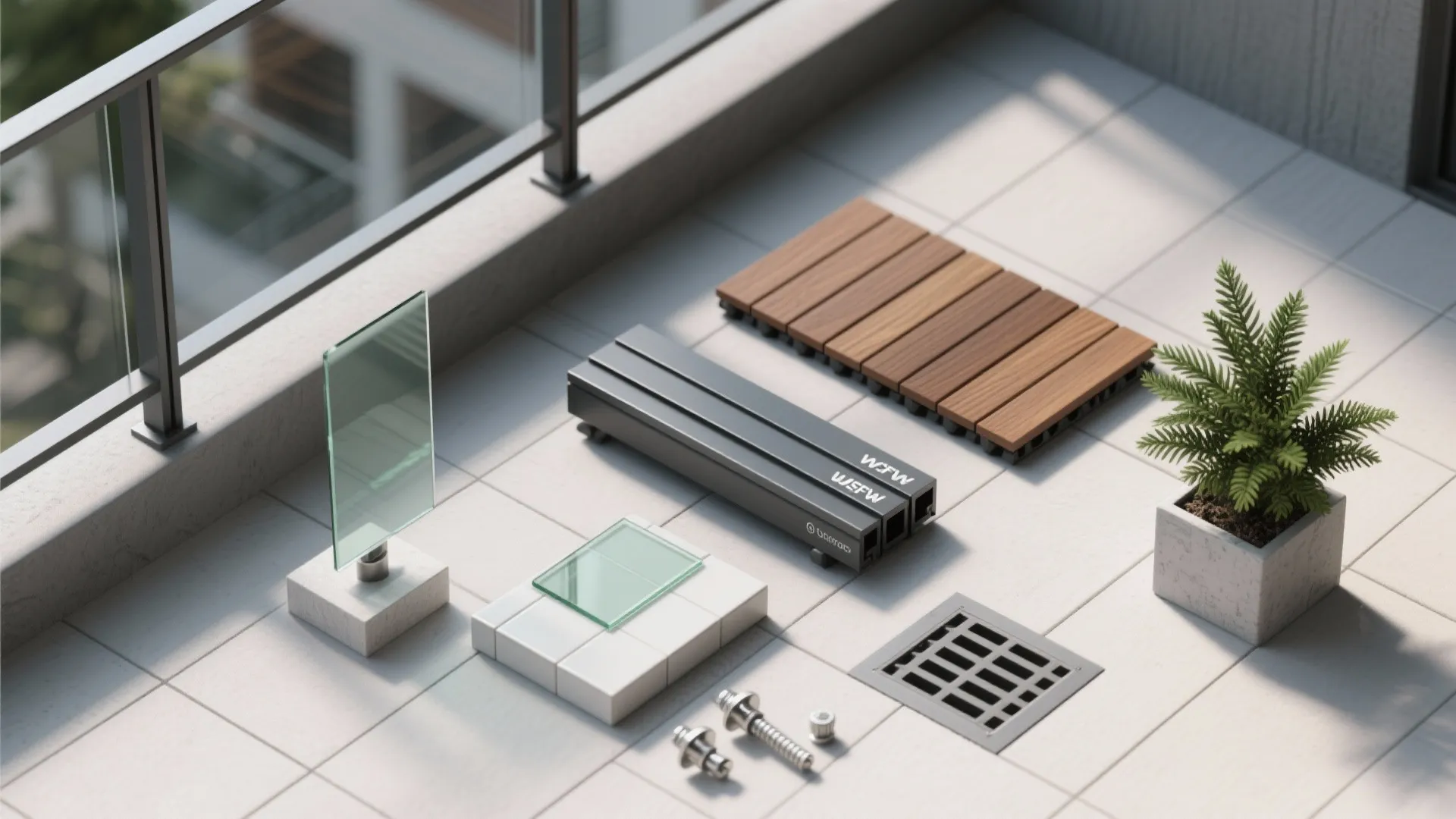 Balcony floor materials including wood tiles glass panels metal parts and a green potted plant