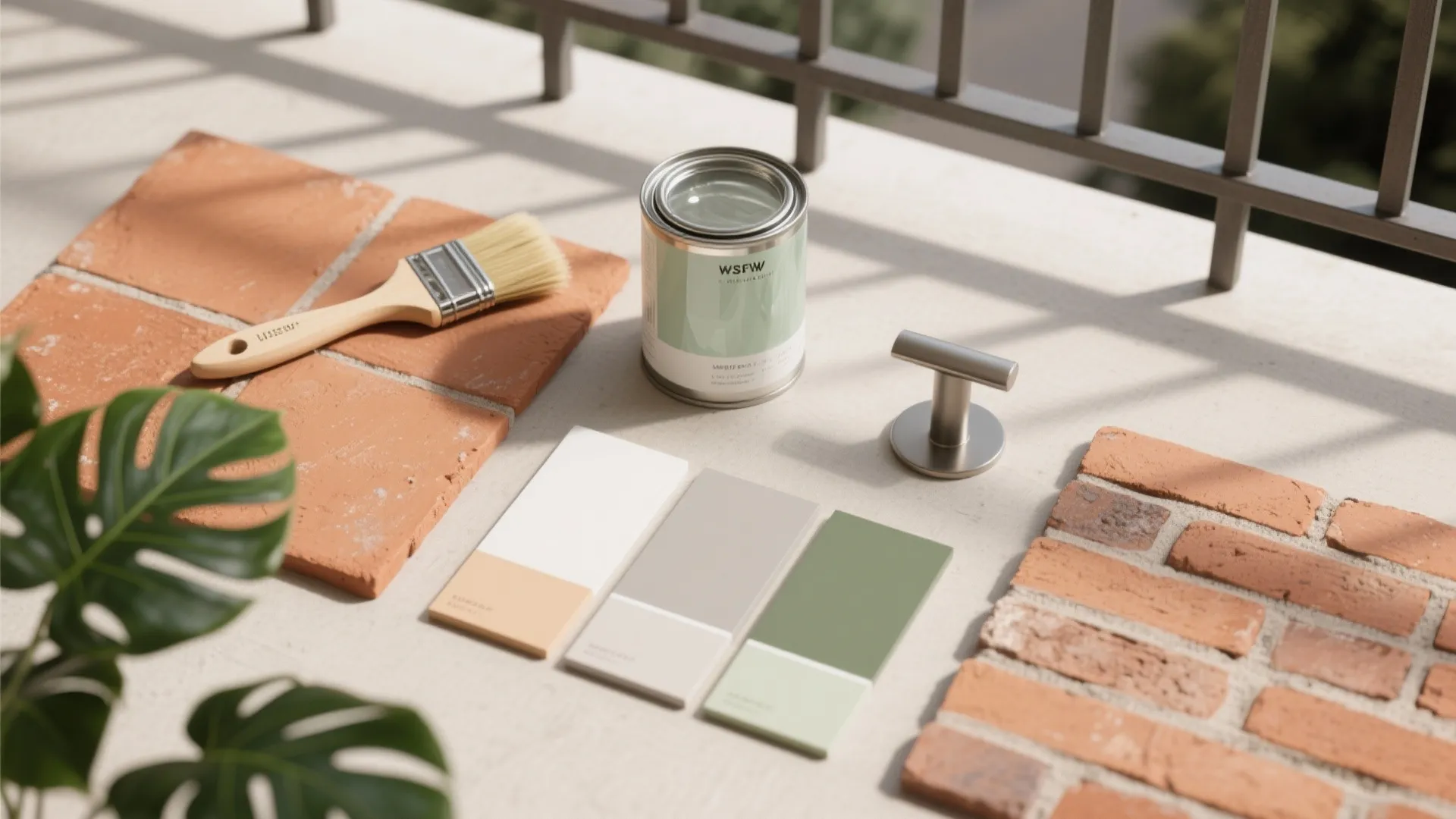 Balcony renovation materials including paint can brush color samples bricks and small metal door handle