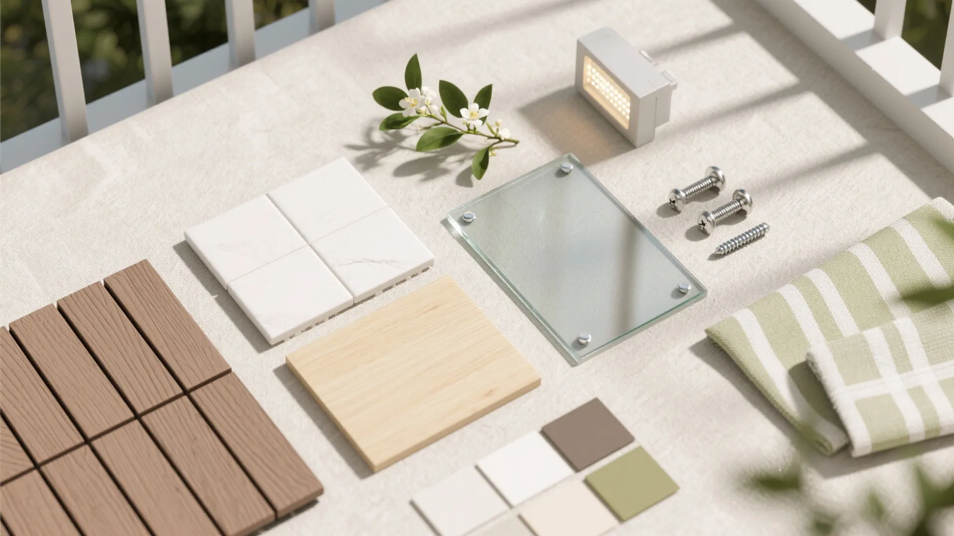 Collection of balcony materials including wood flooring, white tiles, glass, screws, light fixture, and fabric