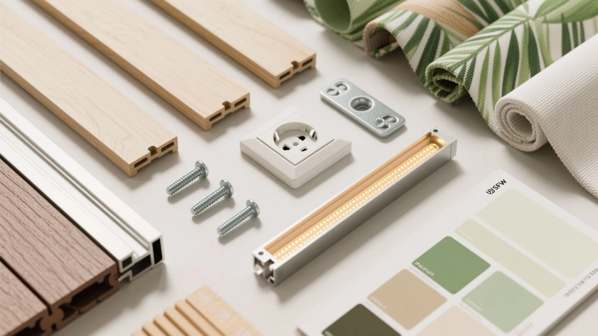 Collection of interior design materials including wood floor planks light fixture screws and color samples