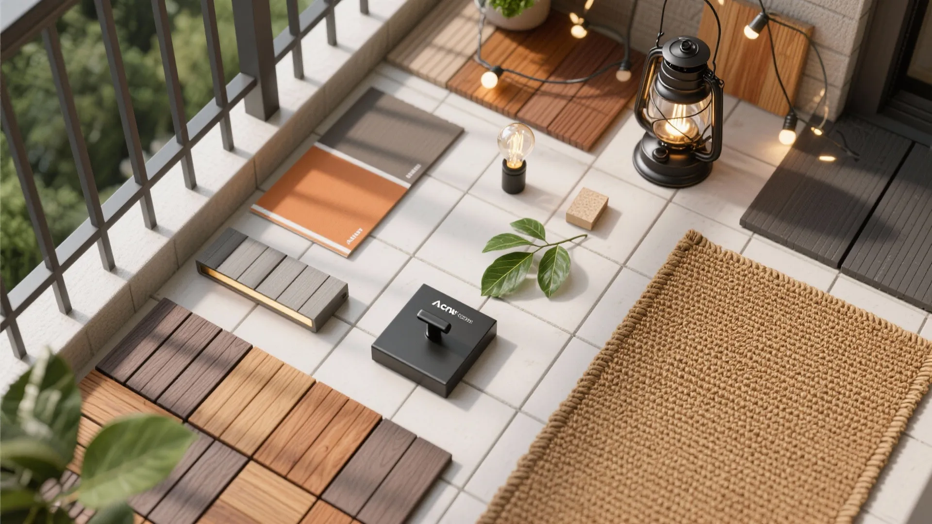 Warm wood decking tiles and layered lighting