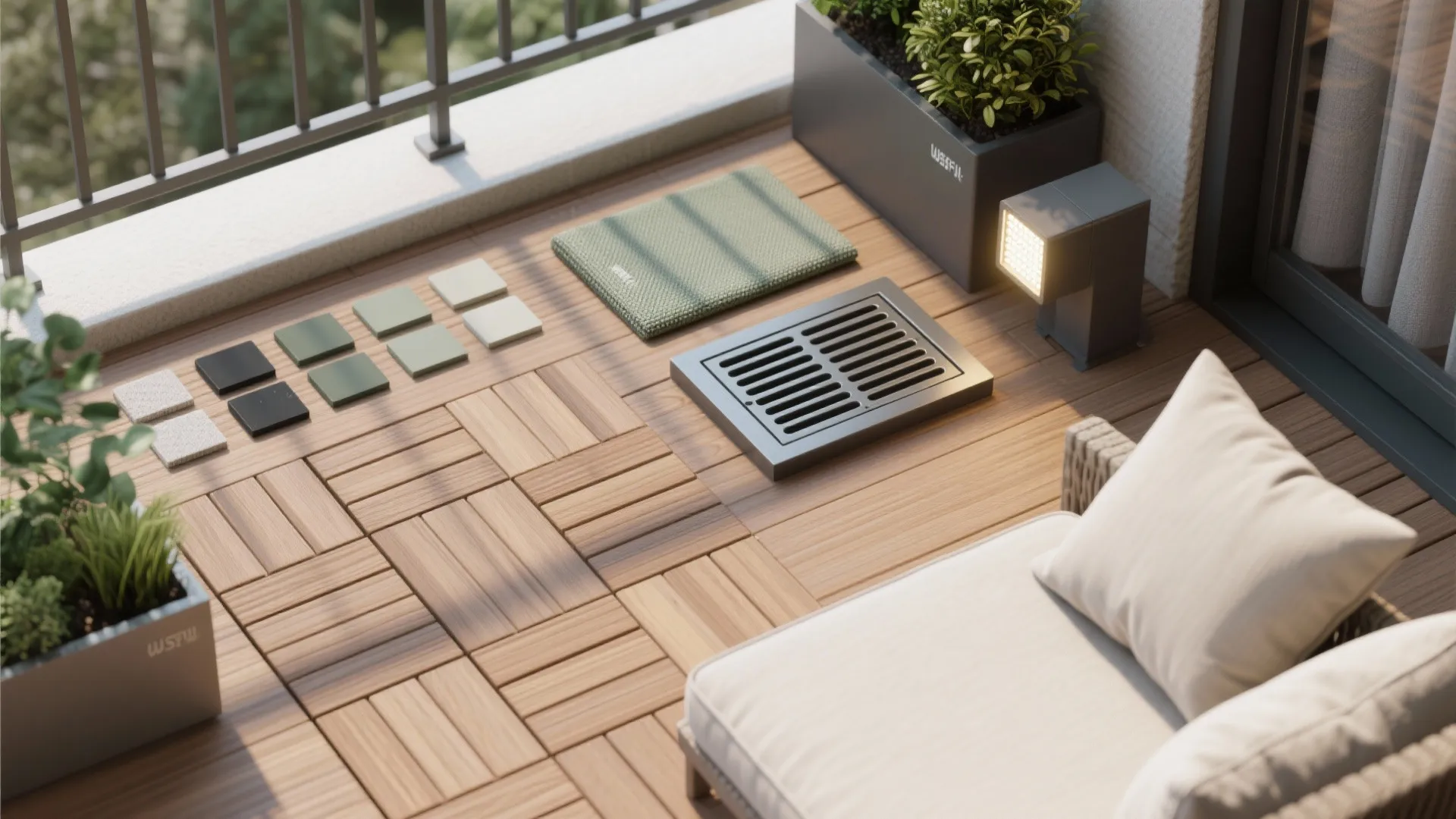 Balcony micro-garden with weather-smart materials