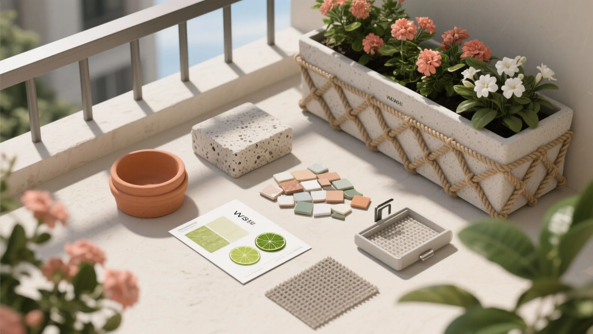 Various interior design materials like tiles and fabric swatches placed on a sunny balcony floor