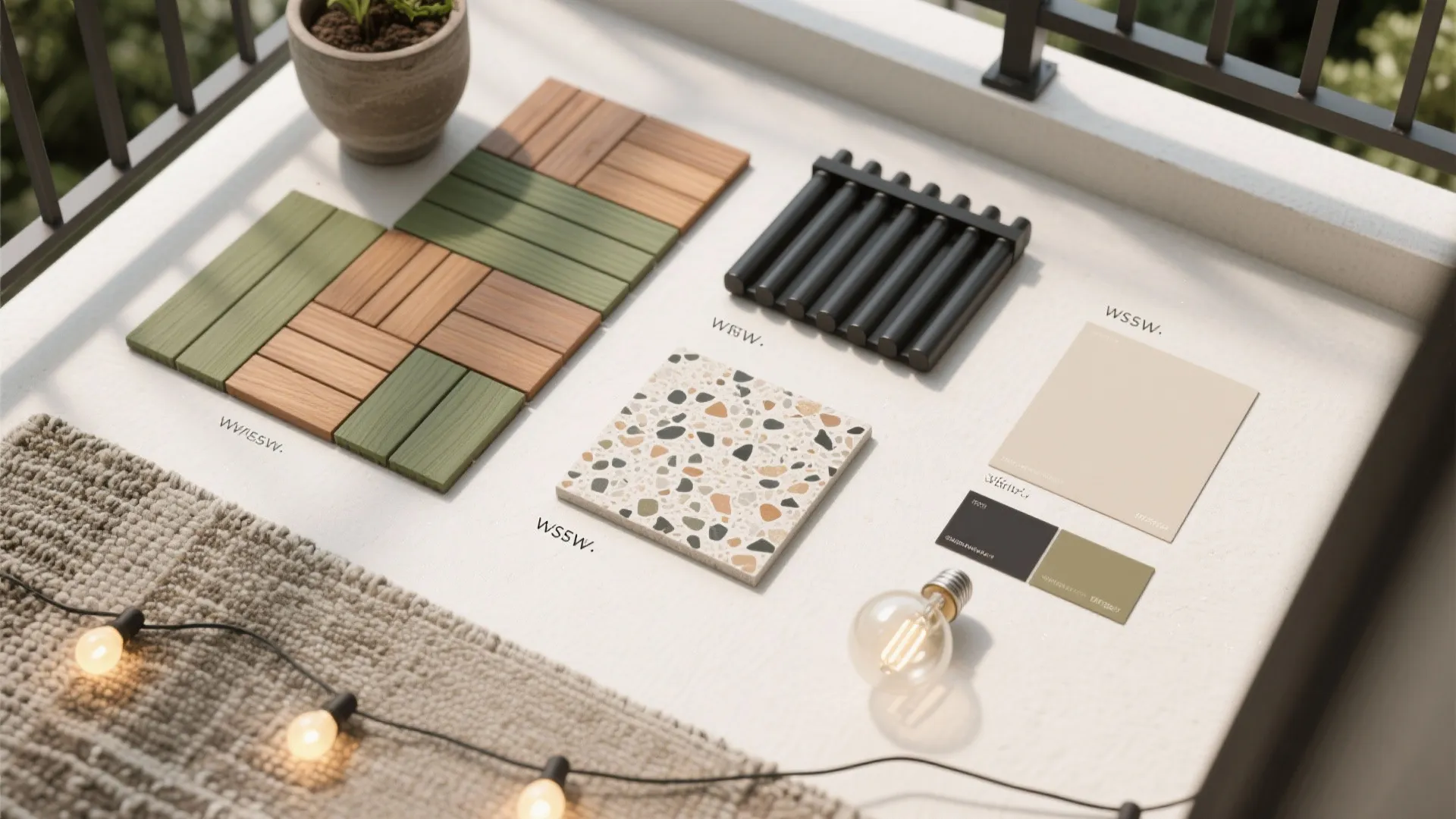 Top-down palette of balcony materials with wood tile, stone, rug fabric, rail finish, and warm LED bulb.