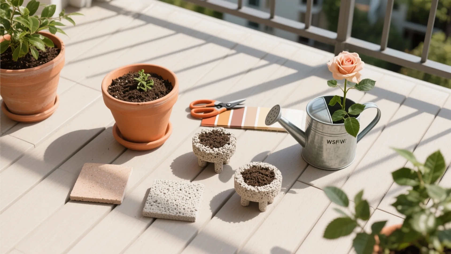 Outdoor balcony area with plant pots, watering can, color samples, garden tools, and stone tiles