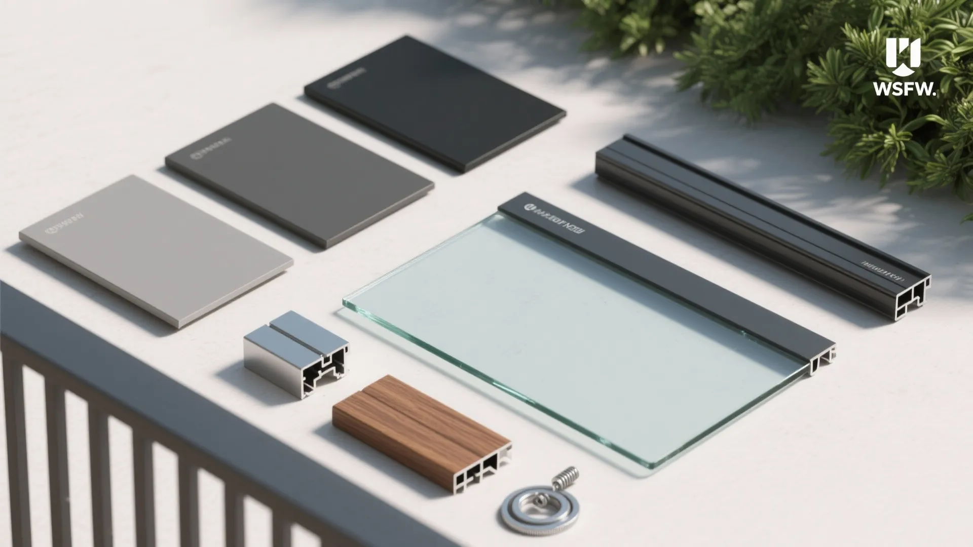 Flat lay of aluminum powder-coat swatches, glass, wood, profiles, and hardware for balcony rails.
