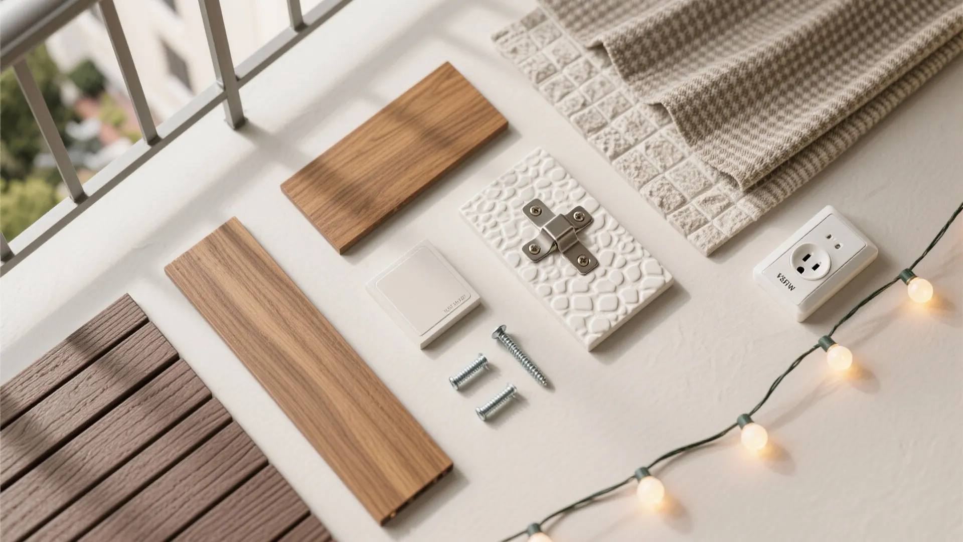 Interior design materials including wood floor samples tiles screws and fabric for a balcony project