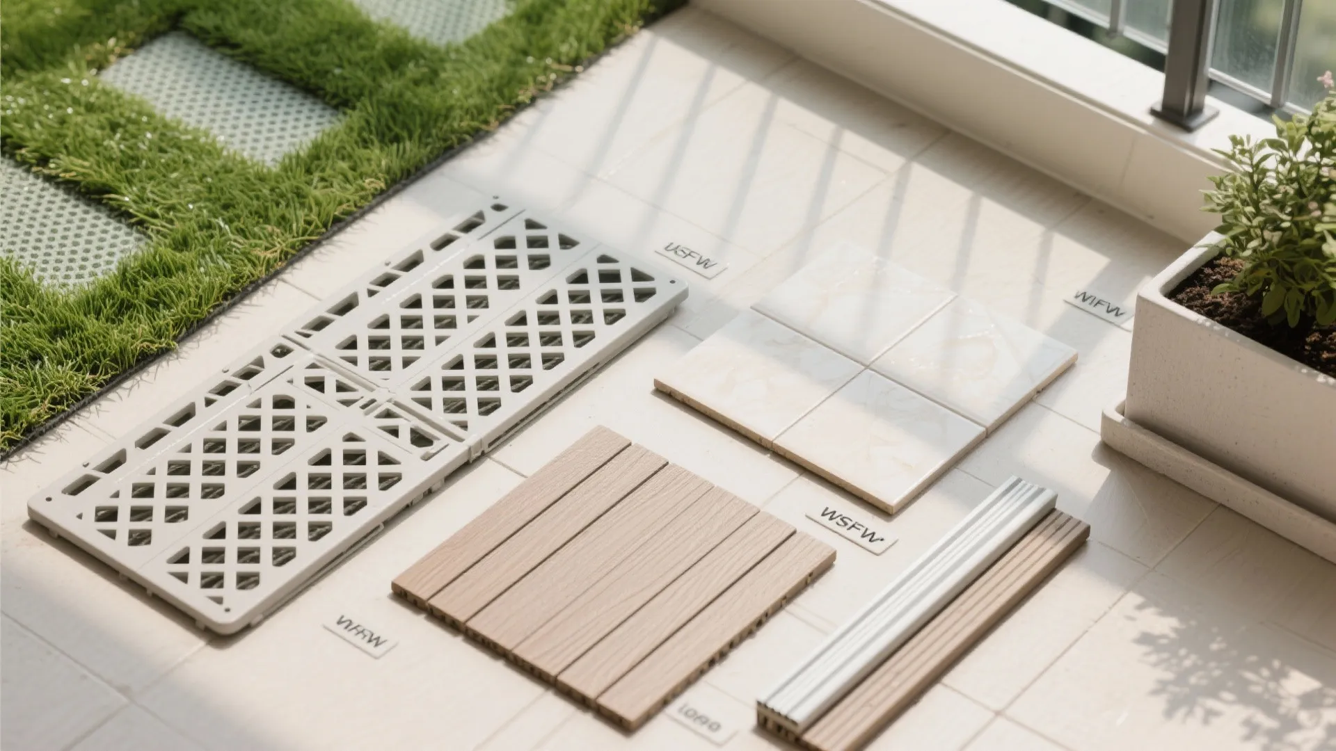 Flat lay of turf swatch, drainage grid, porcelain and composite tile samples, and edging.